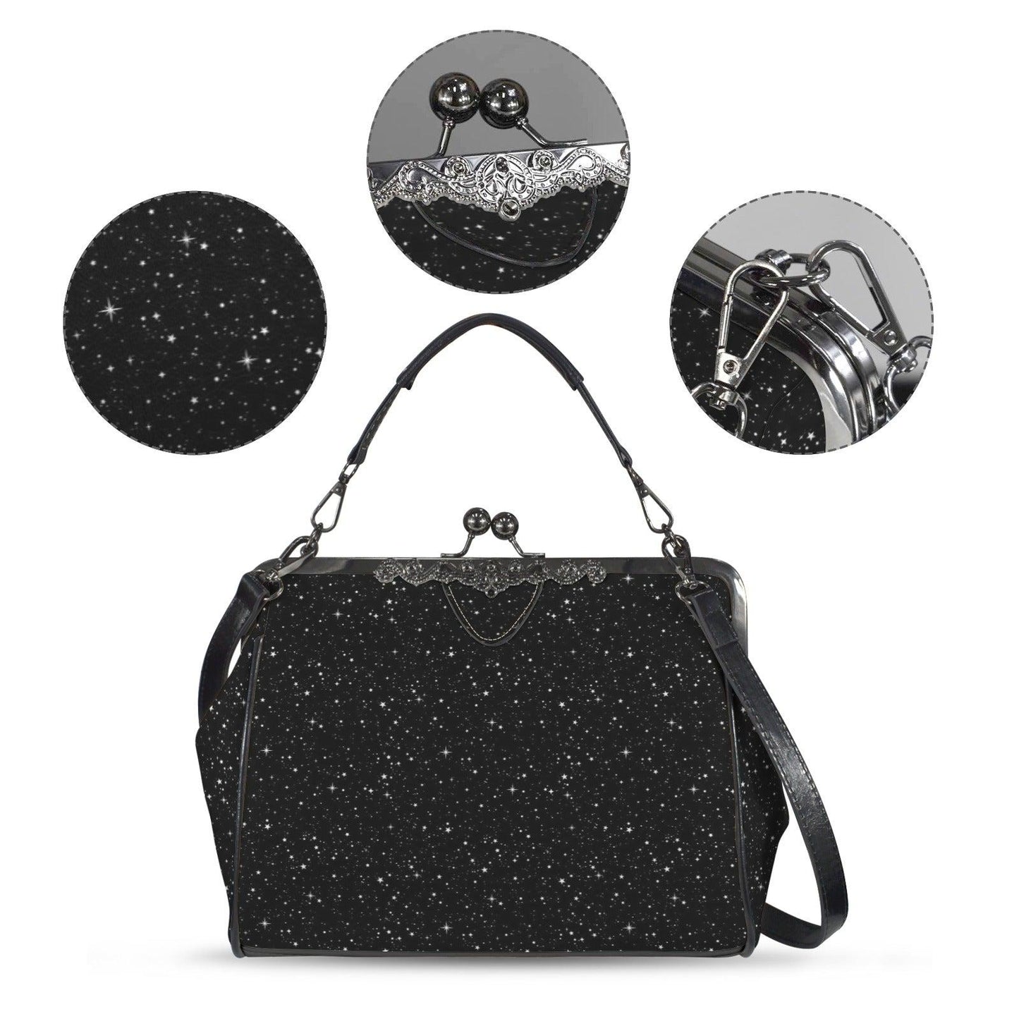 Black Starry Night Print Kiss Lock Handbag with Crossbody Strap