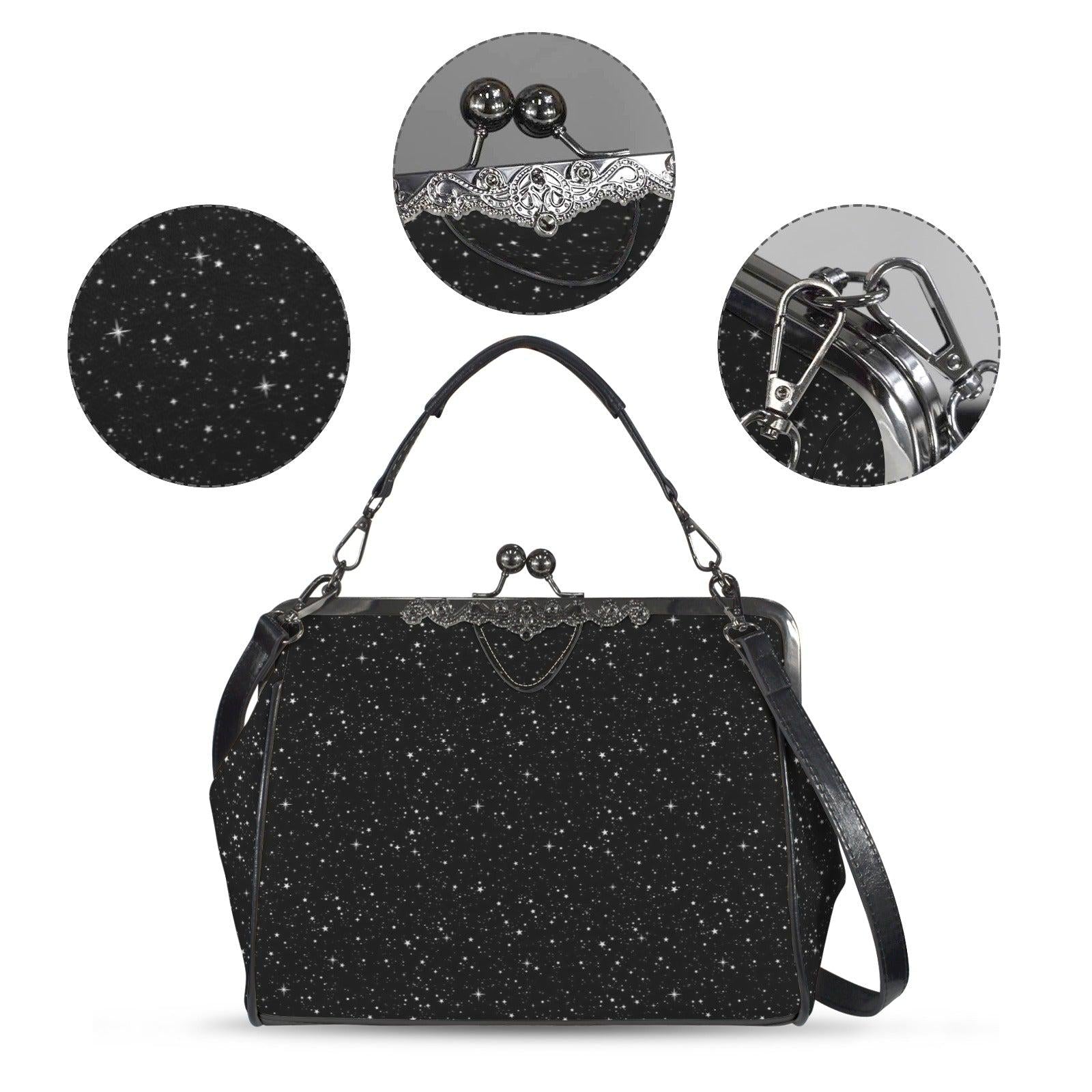 Black Starry Night Print Kiss Lock Handbag with Crossbody Strap