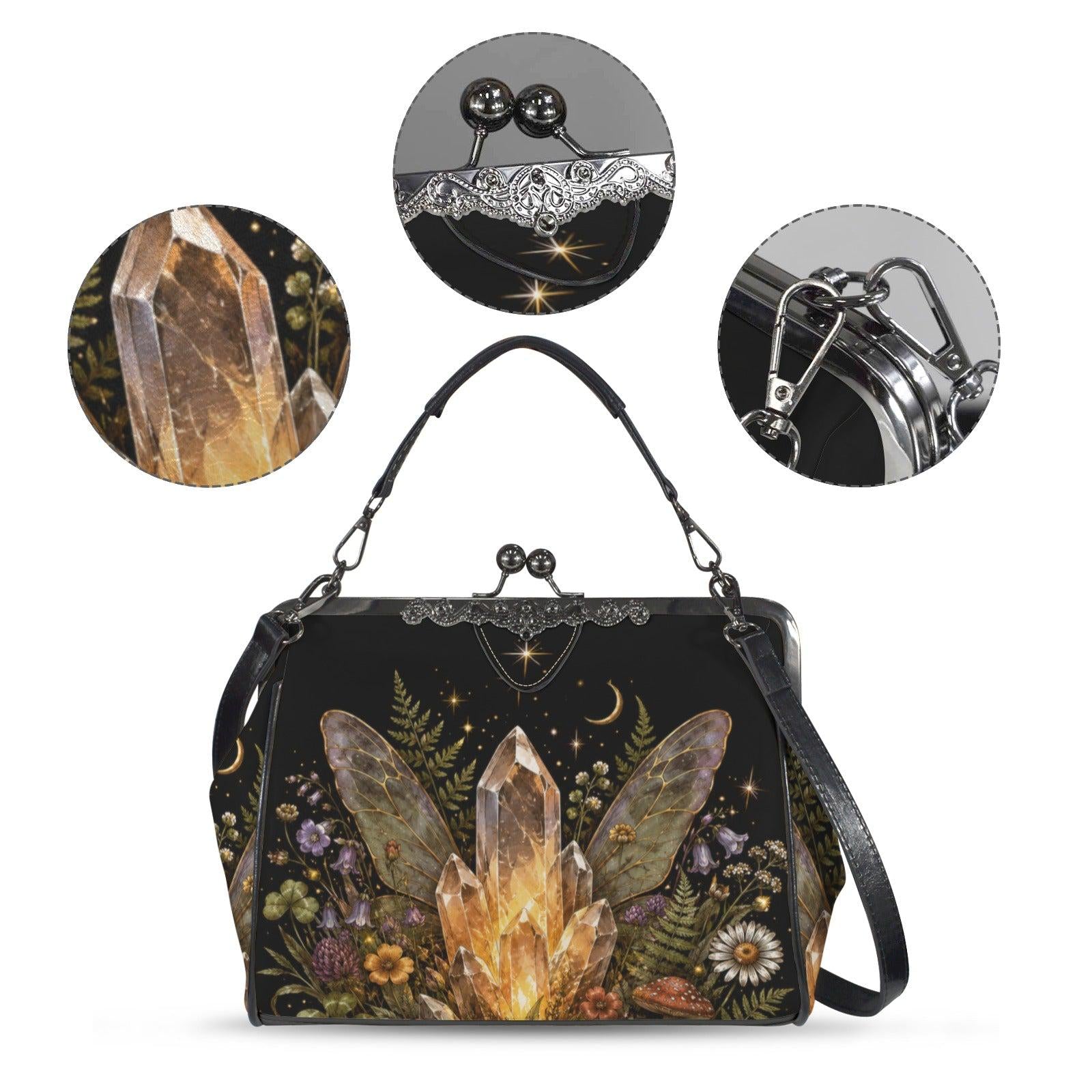 Fairycore Crystal Purse, Gold Quartz Fairy Wing Print Kiss Lock Cottage Witch Crossbody Bag