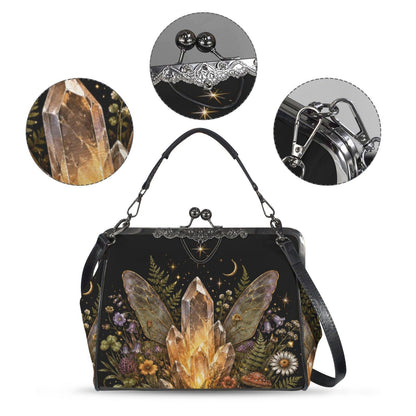 Fairycore Crystal Purse, Gold Quartz Fairy Wing Print Kiss Lock Cottage Witch Crossbody Bag