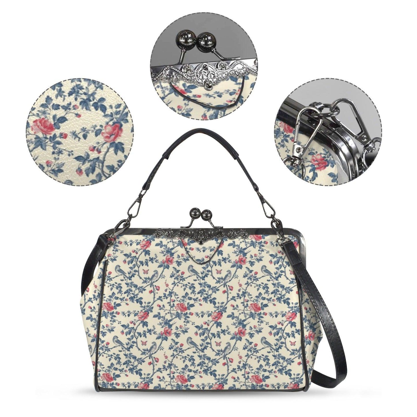 Floral Bird Print Kisslock Bag, Vintage Ditsy Shoulder Purse, Top Handle Bag