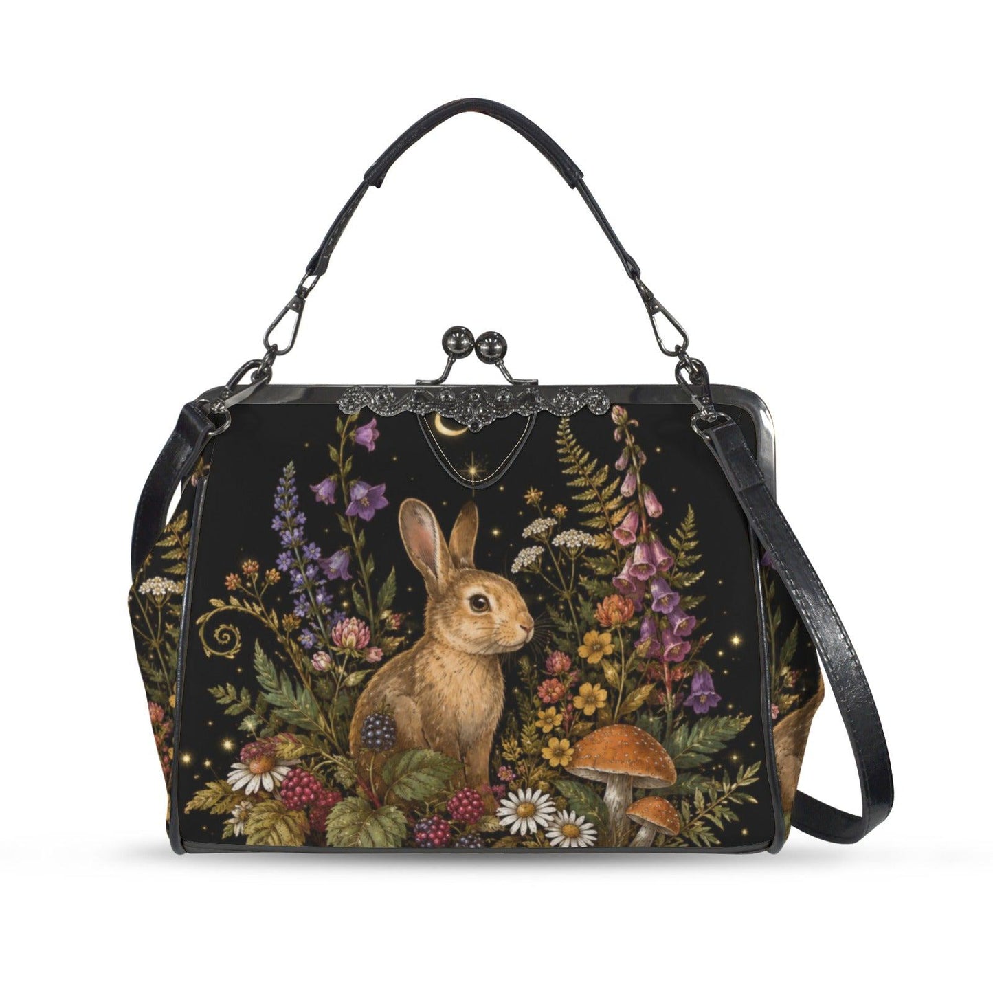 Rabbit and Wildflower Print Frame Purse with Top Handle and Shoulder Strap