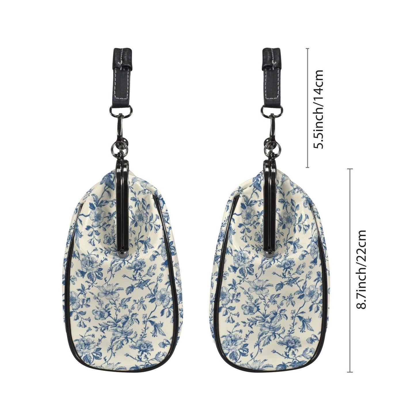 Blue Toile Handbag, Chinoiserie Floral Kiss Lock Purse, Detachable Strap Bag