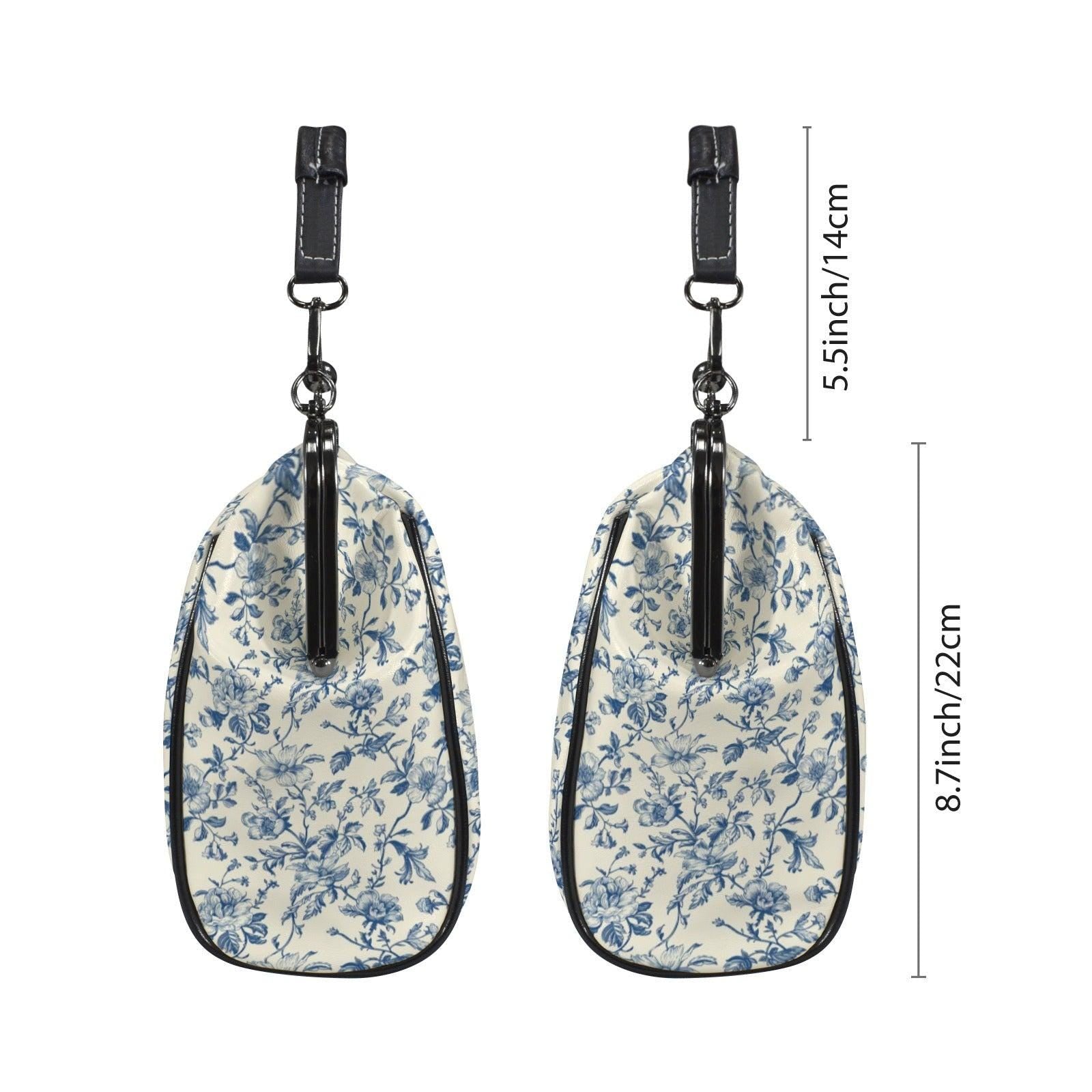 Blue Toile Handbag, Chinoiserie Floral Kiss Lock Purse, Detachable Strap Bag