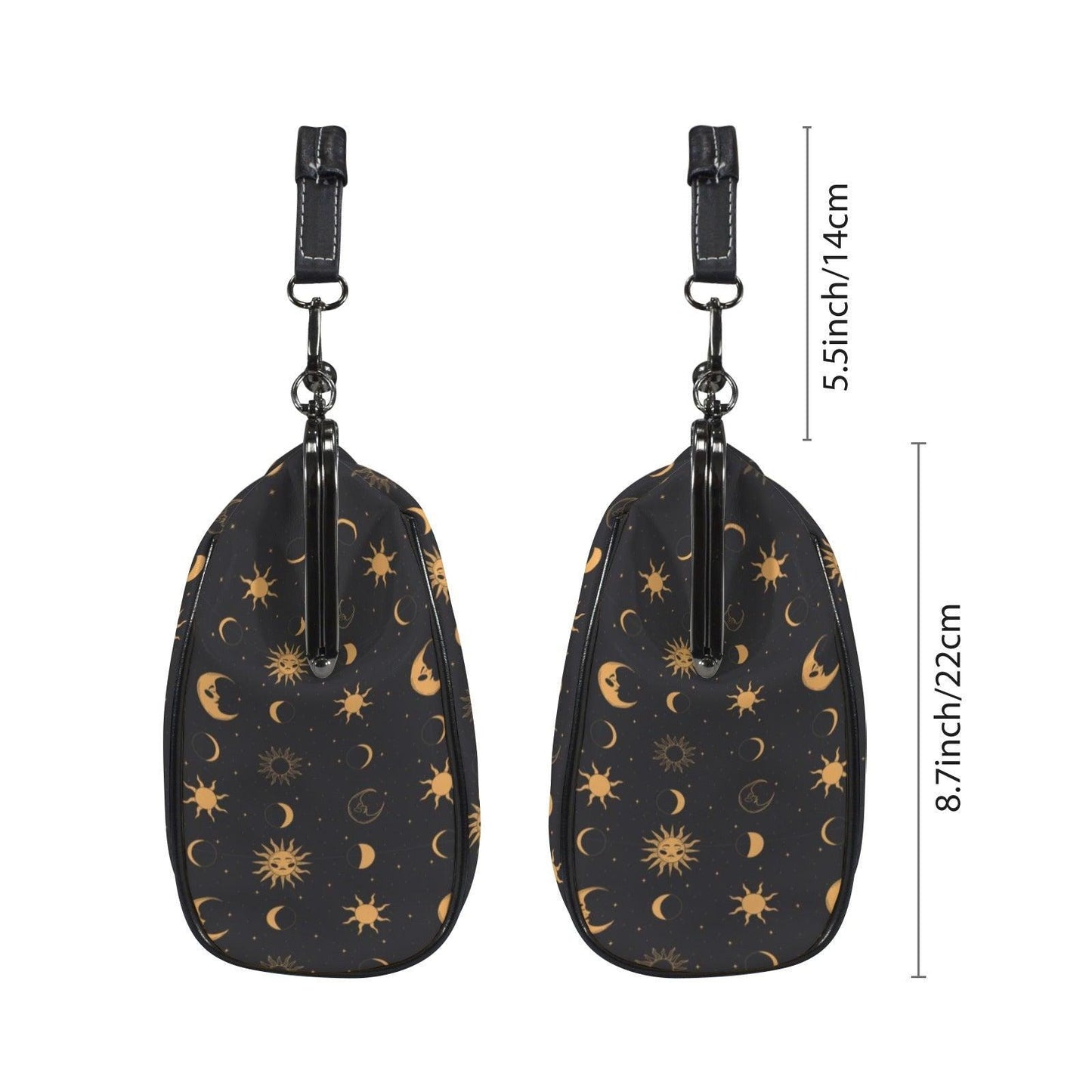 Black Gold Celestial Sun Moon Kiss Lock Handbag, Astrology Crossbody Bag