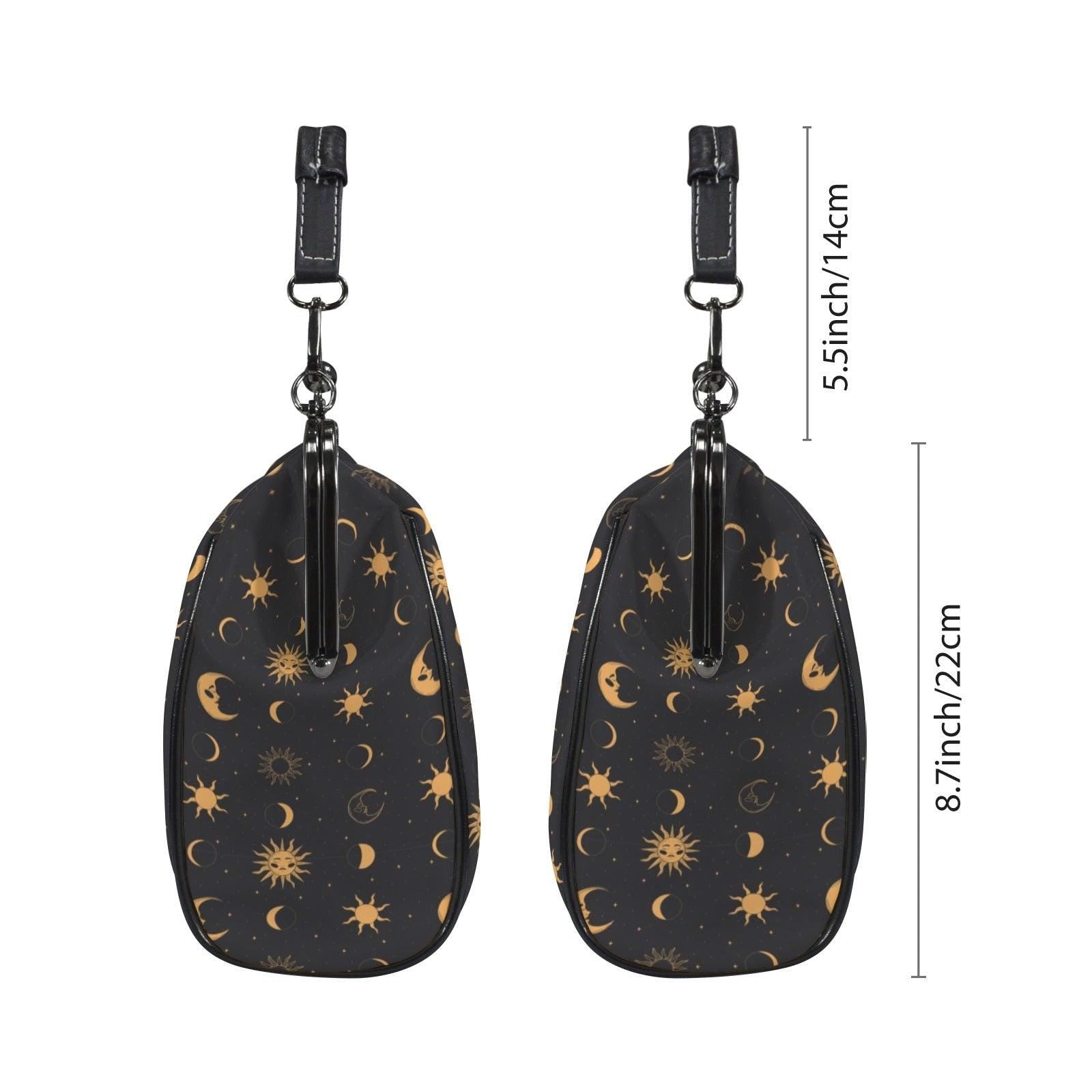 Black Gold Celestial Sun Moon Kiss Lock Handbag, Astrology Crossbody Bag
