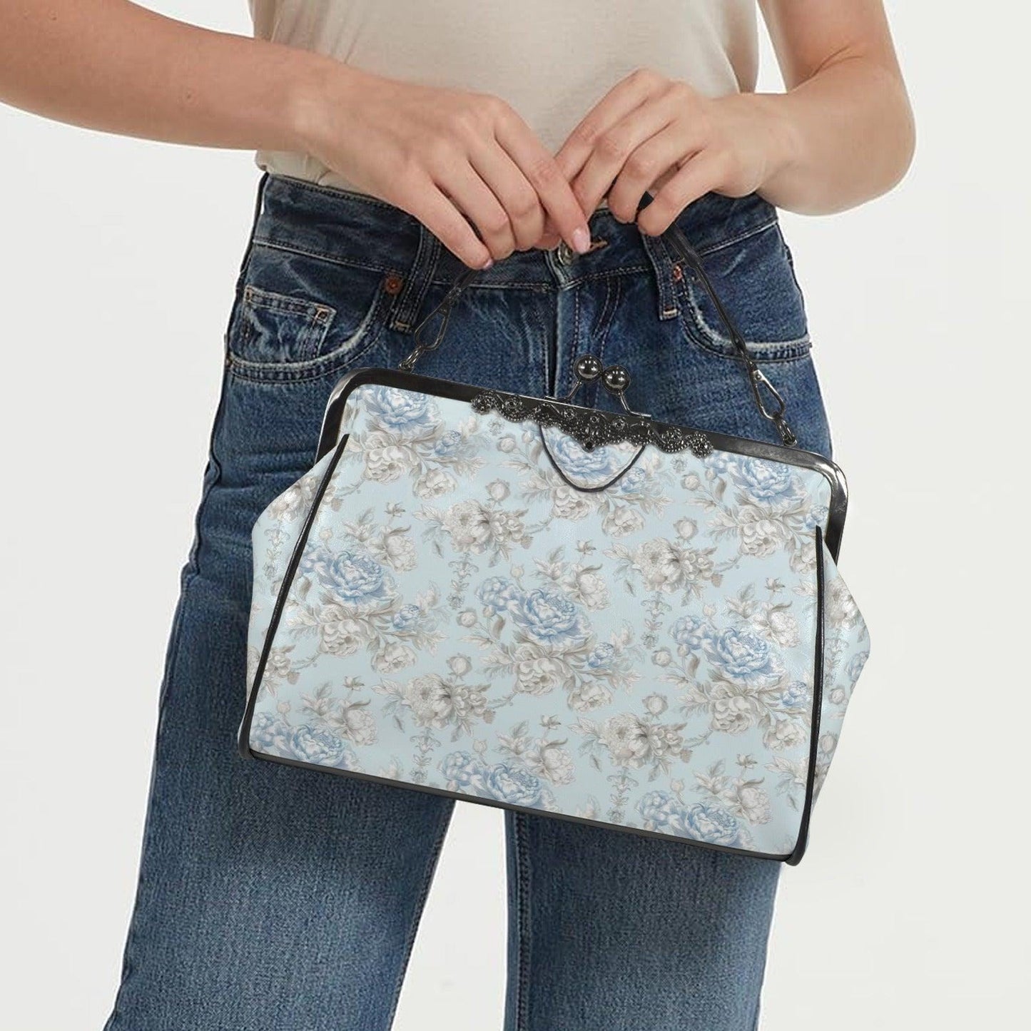 Blue Floral Kiss Lock Handbag, Vintage Style Rose Print Shoulder Bag