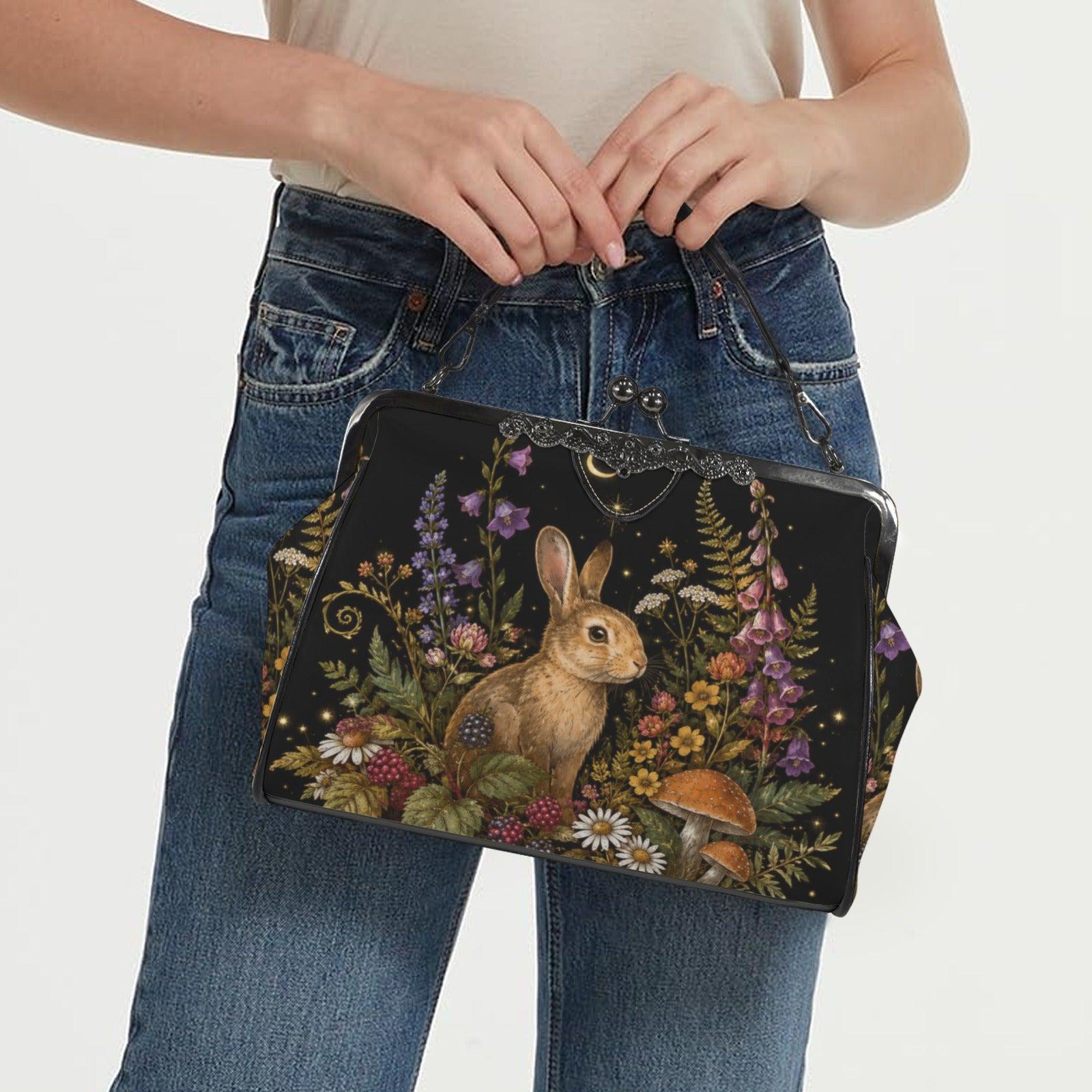 Rabbit and Wildflower Print Frame Purse with Top Handle and Shoulder Strap