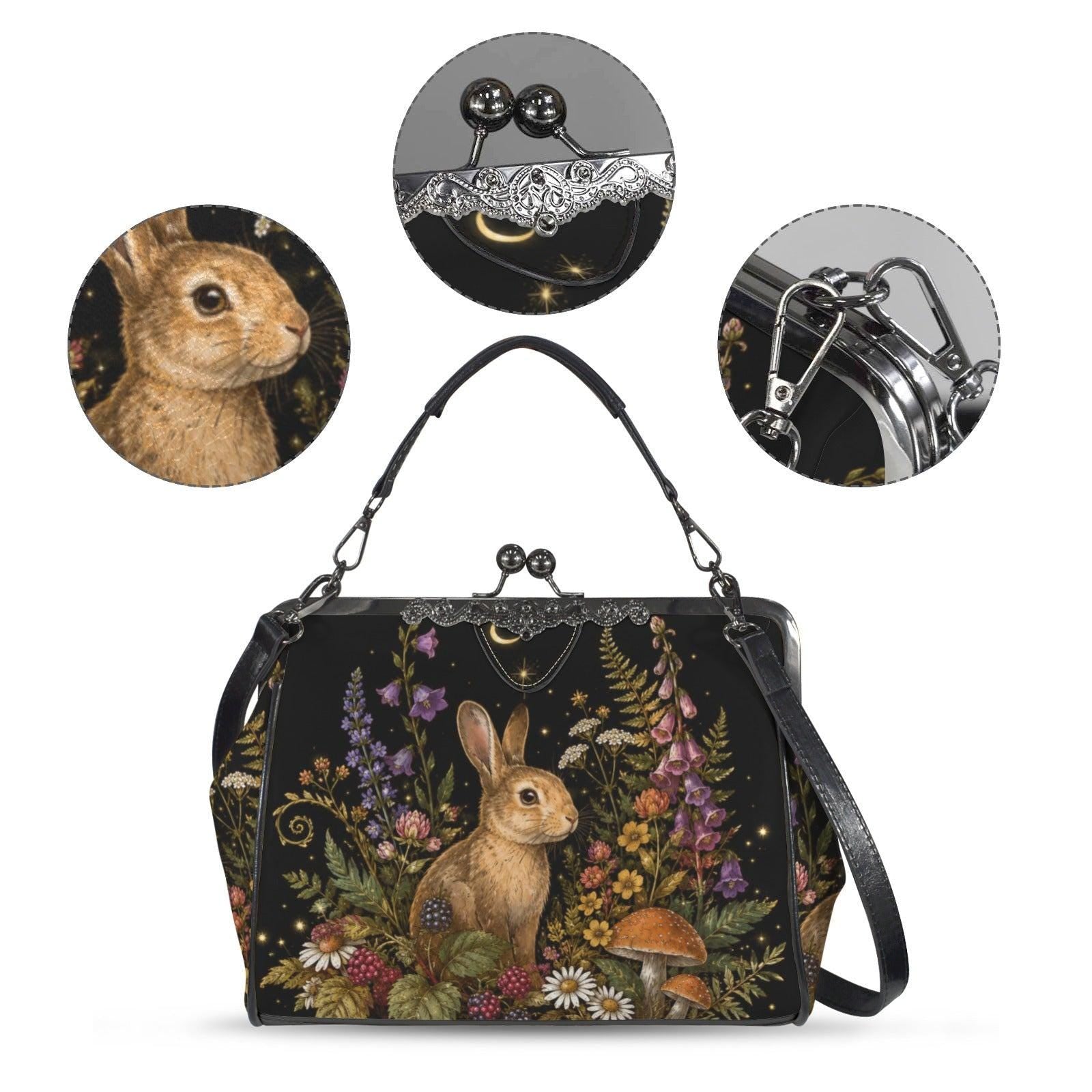 Rabbit and Wildflower Print Frame Purse with Top Handle and Shoulder Strap