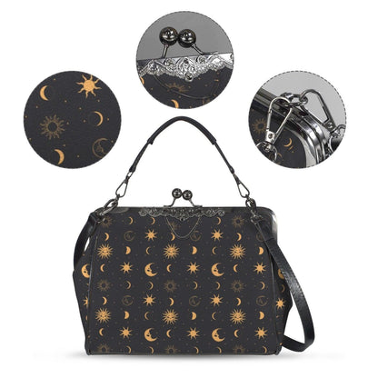 Black Gold Celestial Sun Moon Kiss Lock Handbag, Astrology Crossbody Bag