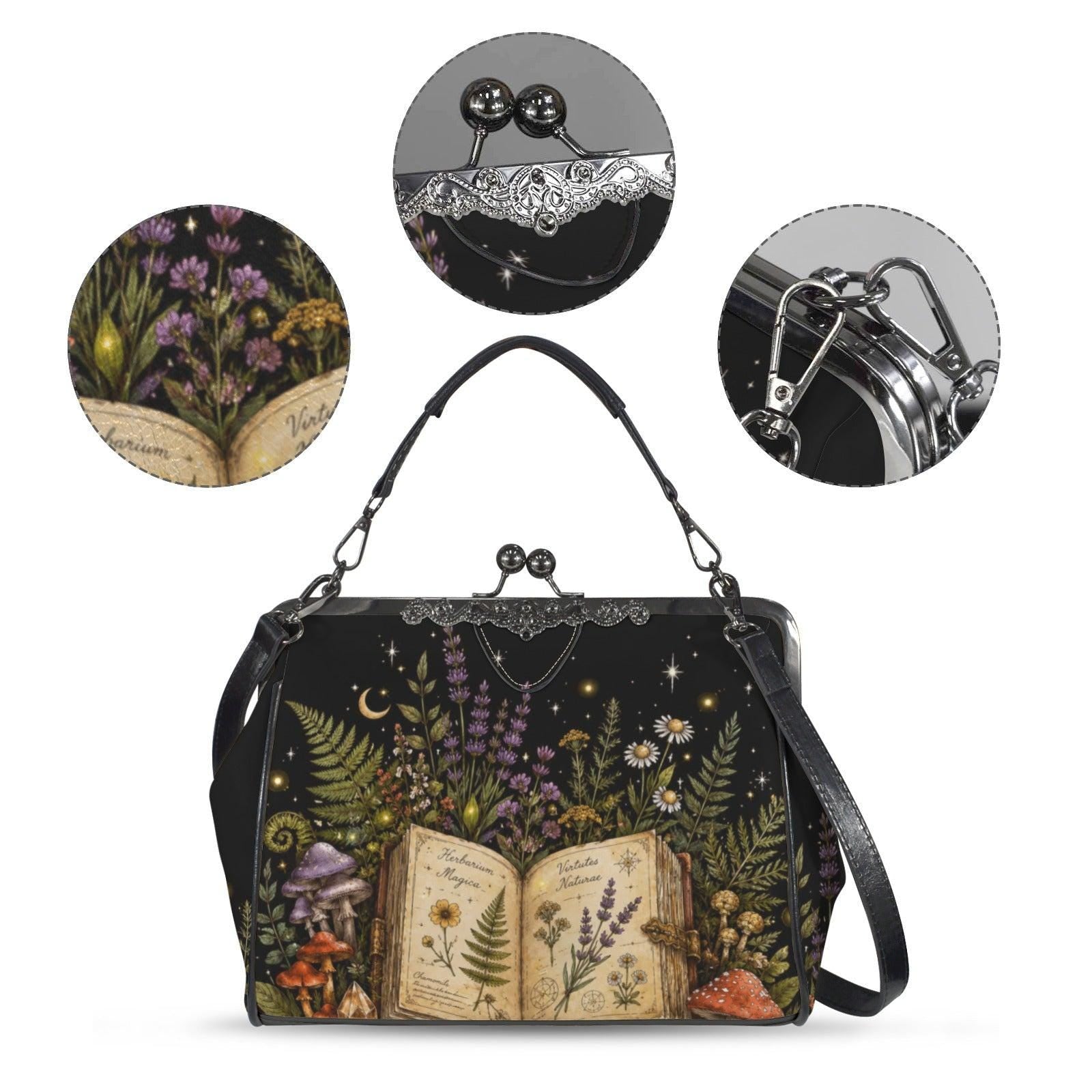 Witchy Mushroom Purse, Botanical Spell Book Print Kiss Lock Handbag, Cottagecore Crossbody Bag