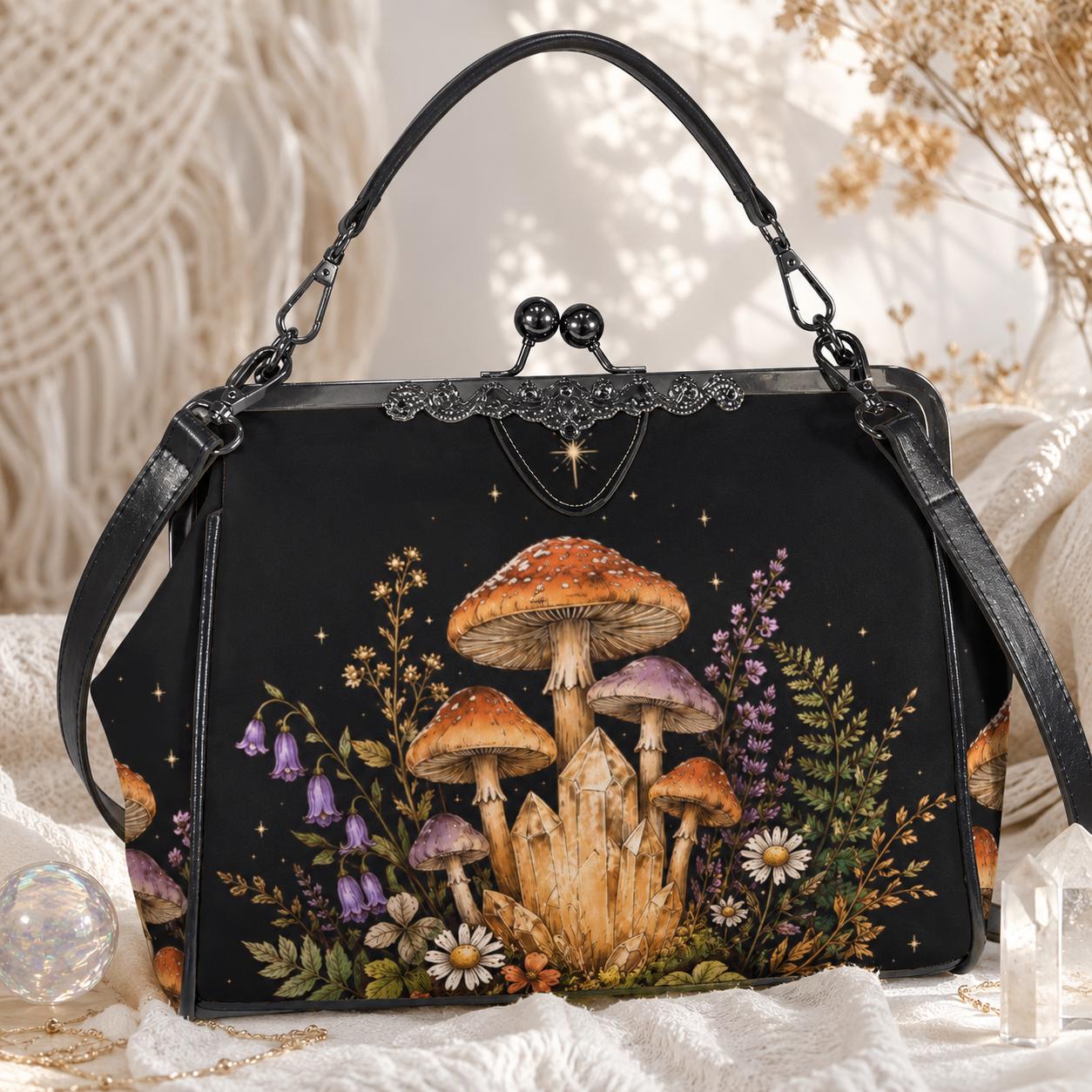 Mushroom Crystal Handbag, Black Kiss Lock Purse, Forest Daisy Print, Witchy Crossbody Bag