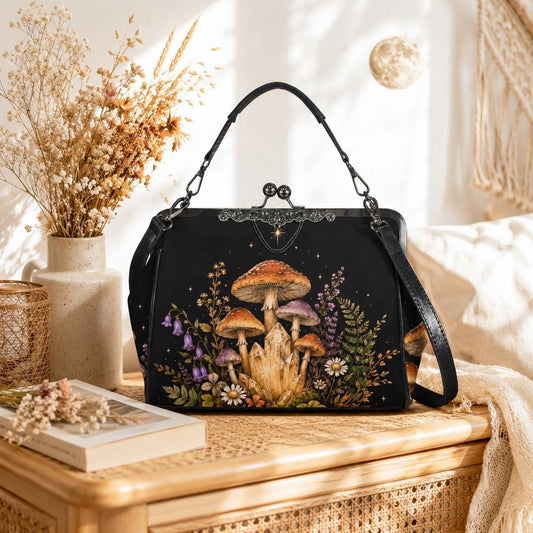 Mushroom Crystal Handbag, Black Kiss Lock Purse, Forest Daisy Print, Witchy Crossbody Bag