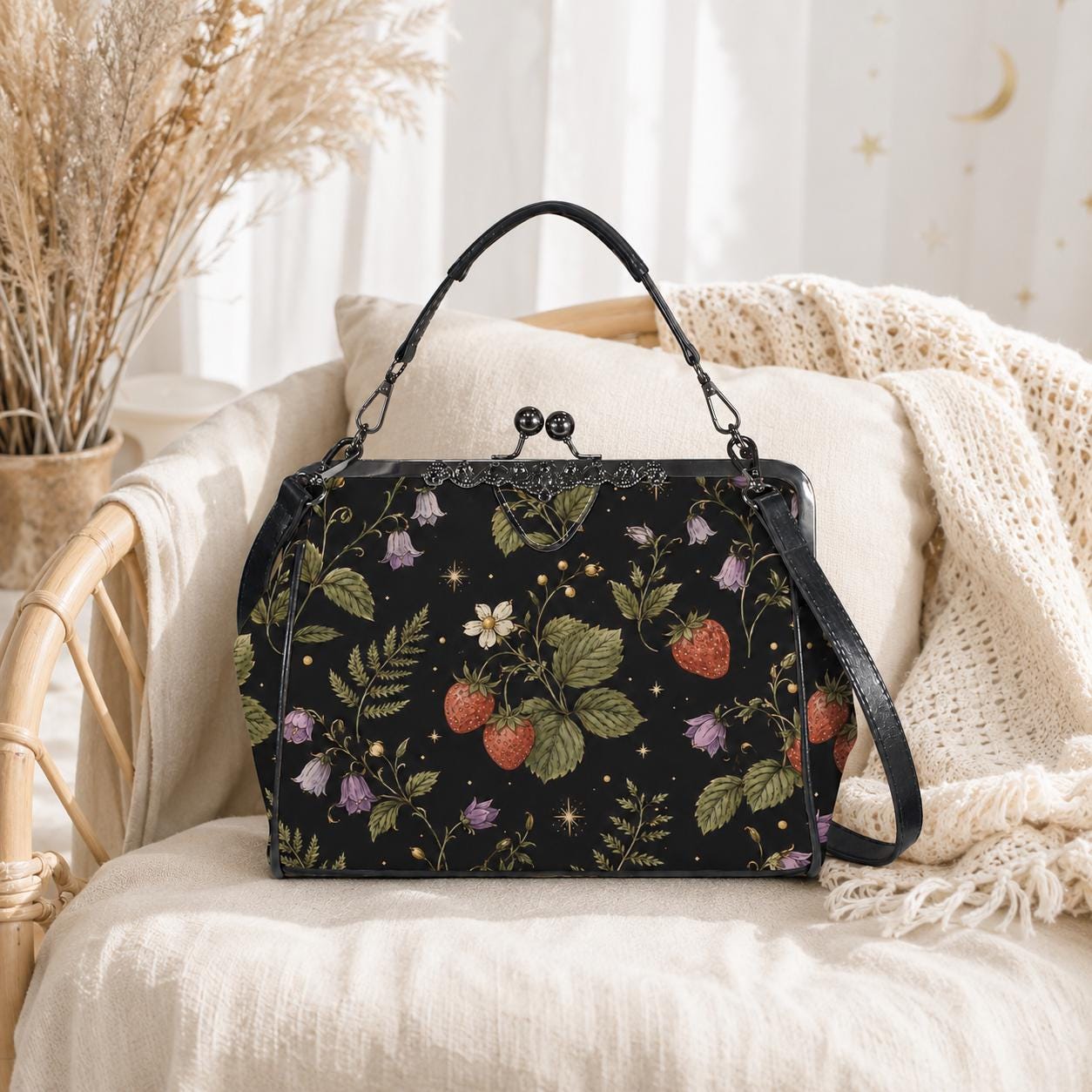 Black Wild Strawberry Kiss Lock Handbag, Vintage Cottagecore Crossbody Purse