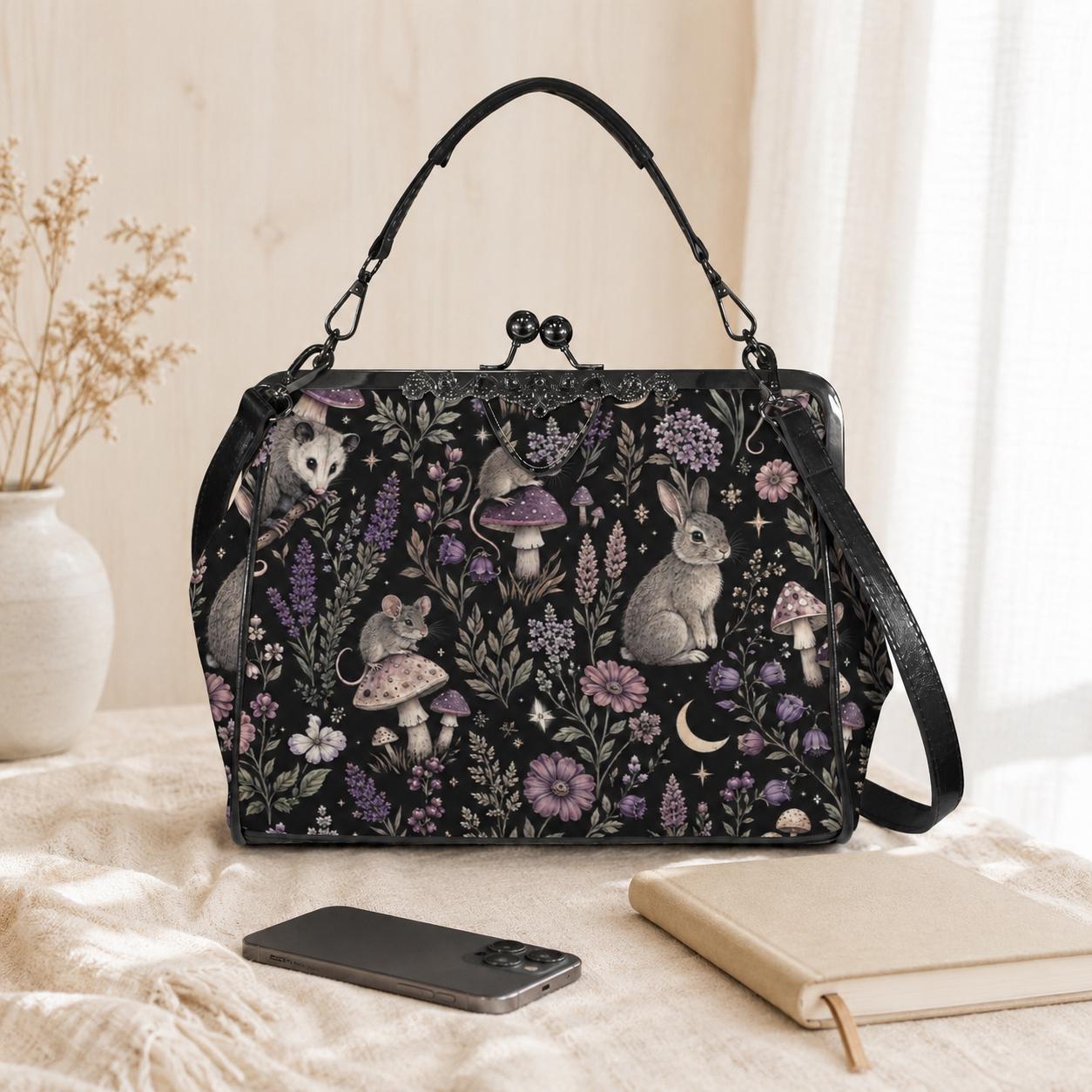 Woodland Animal Kiss Lock Bag, Opossum Rabbit Mouse Floral Print Purse