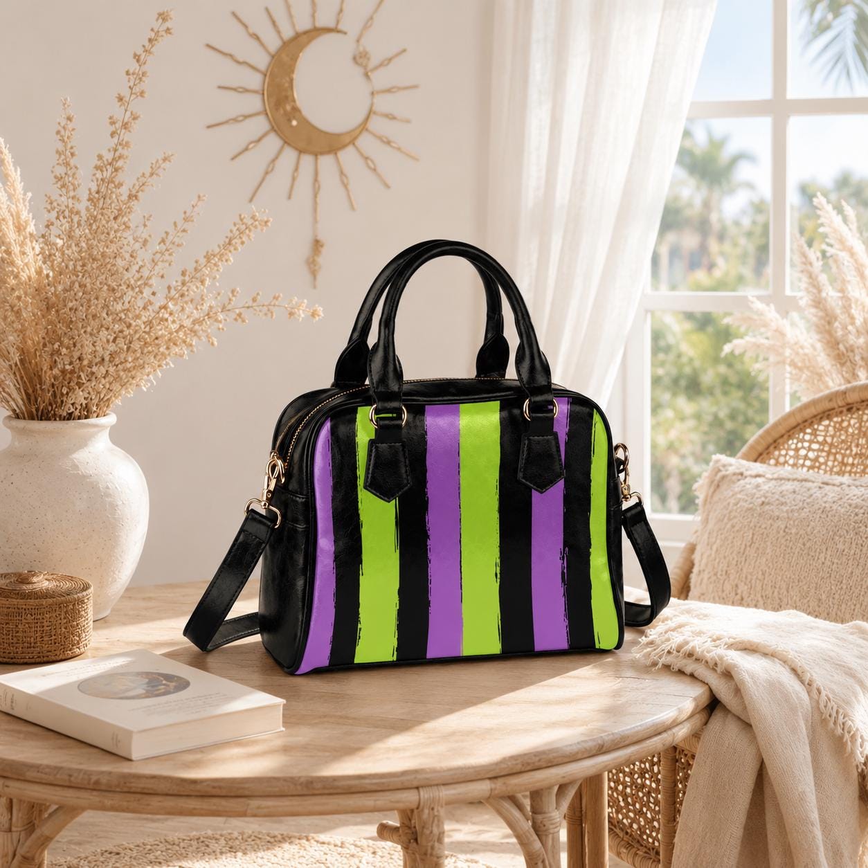 Goth Striped Handbag, Purple Green Top Handle Purse, Spooky Crossbody Satchel