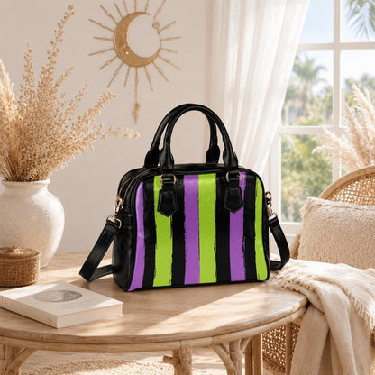 Goth Striped Handbag, Purple Green Top Handle Purse, Spooky Crossbody Satchel