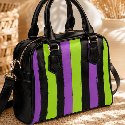 Goth Striped Handbag, Purple Green Top Handle Purse, Spooky Crossbody Satchel