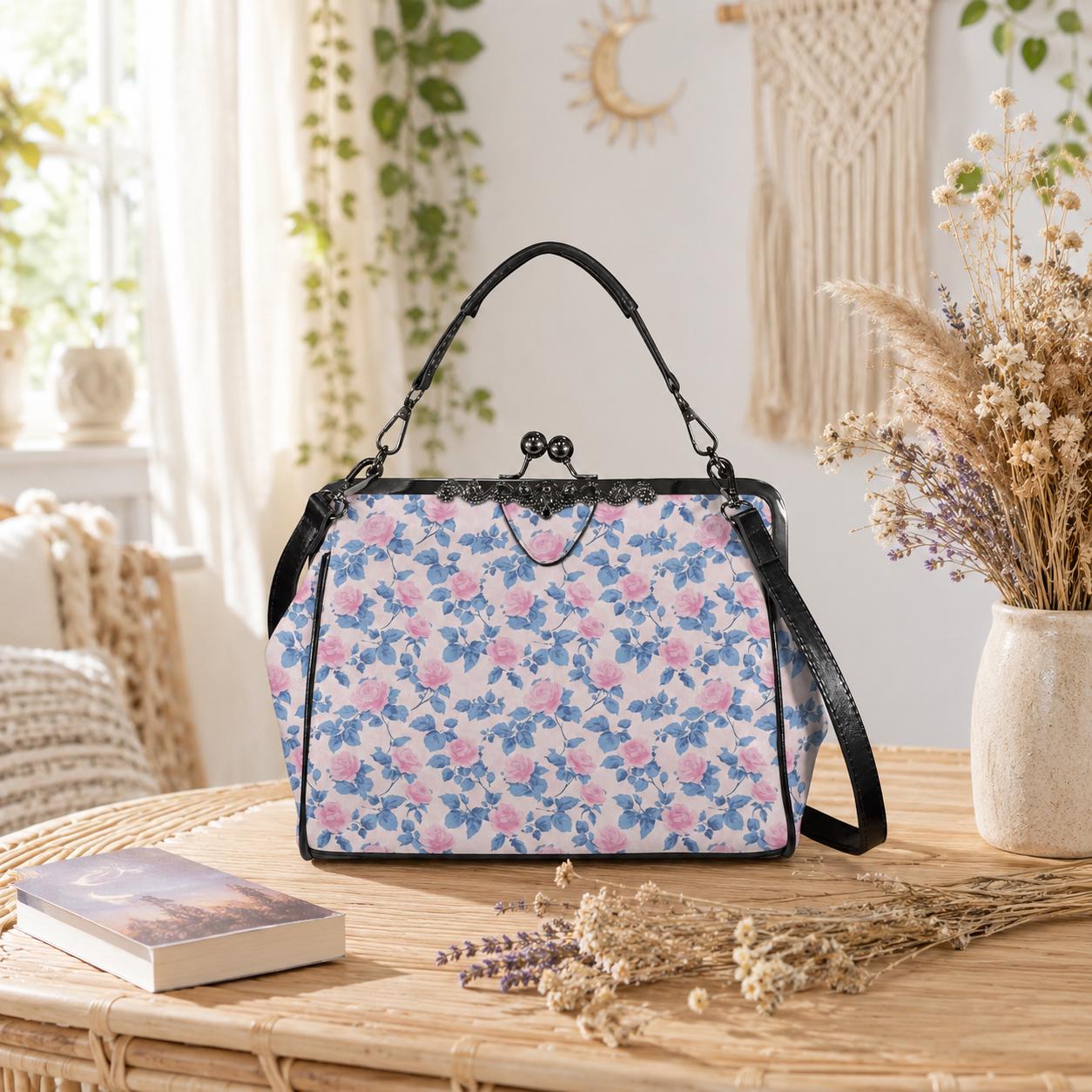 Pink Floral Kiss Lock Crossbody Bag, Blue Rose Cottagecore Handbag