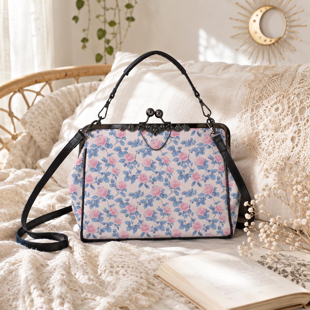 Pink Floral Kiss Lock Crossbody Bag, Blue Rose Cottagecore Handbag