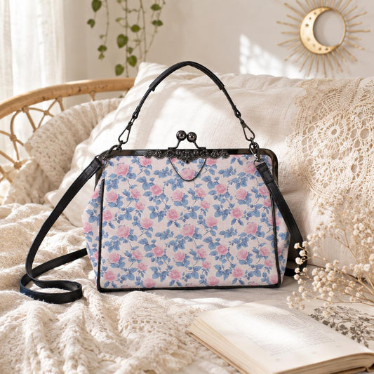 Pink Floral Kiss Lock Crossbody Bag, Blue Rose Cottagecore Handbag