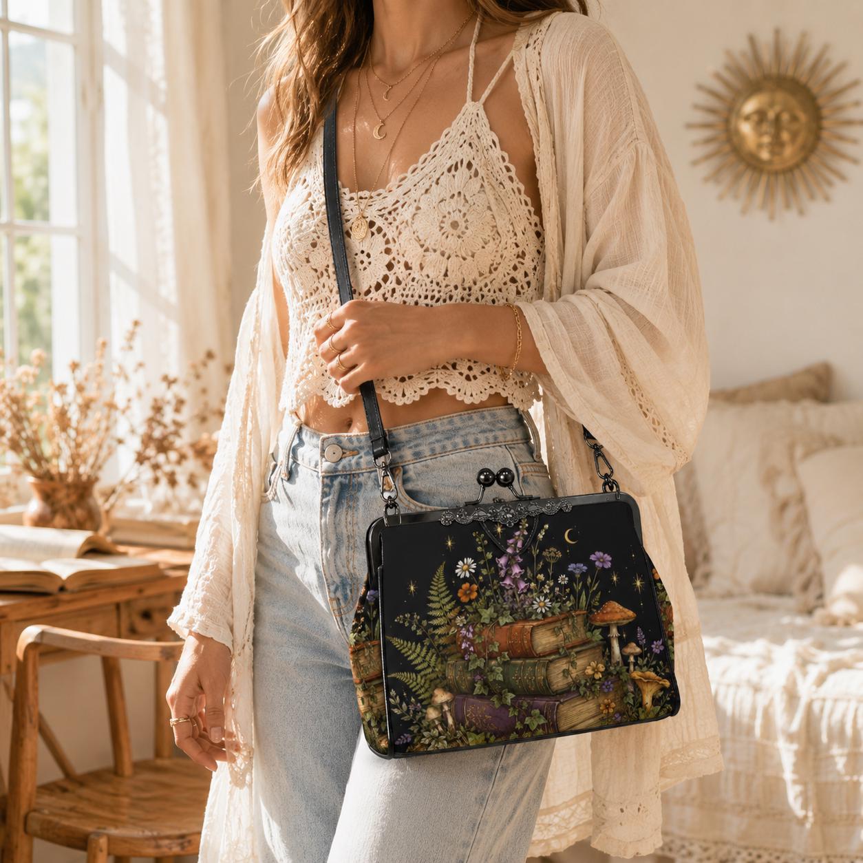 Dark Academia Stacked Books Crossbody Bag, Cottagecore Moon Stars Kiss Lock Purse