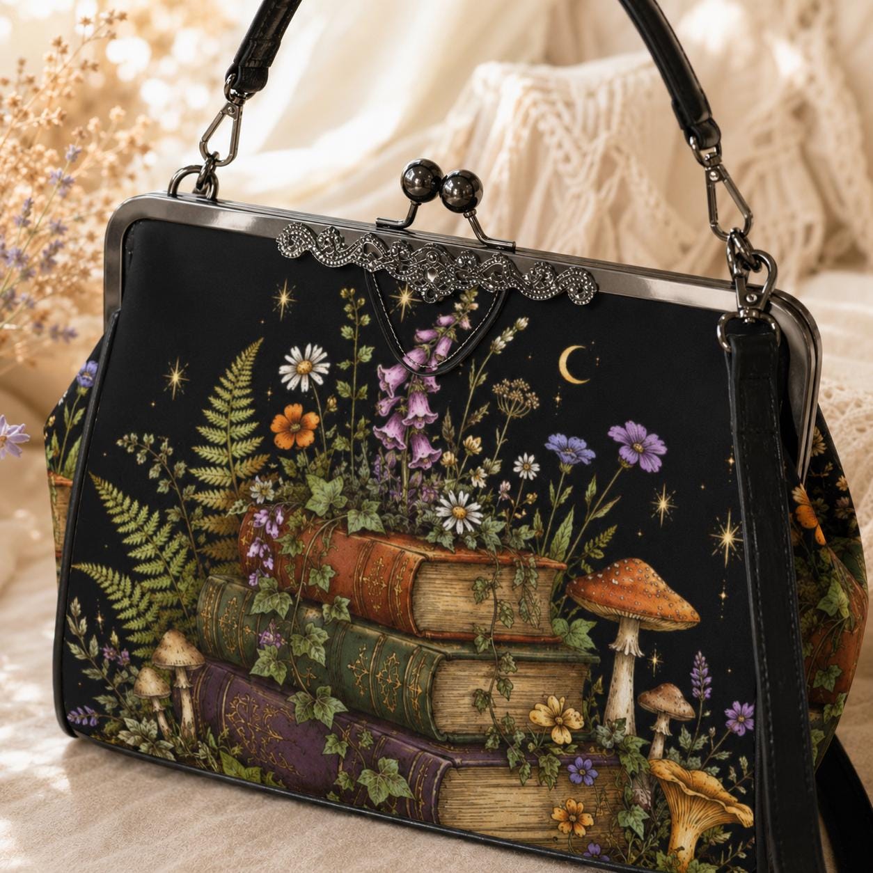 Dark Academia Stacked Books Crossbody Bag, Cottagecore Moon Stars Kiss Lock Purse