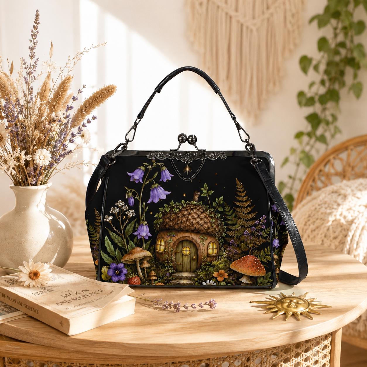 Mushroom Fairy House Crossbody Bag, Cottagecore Woodland Kiss Lock Purse