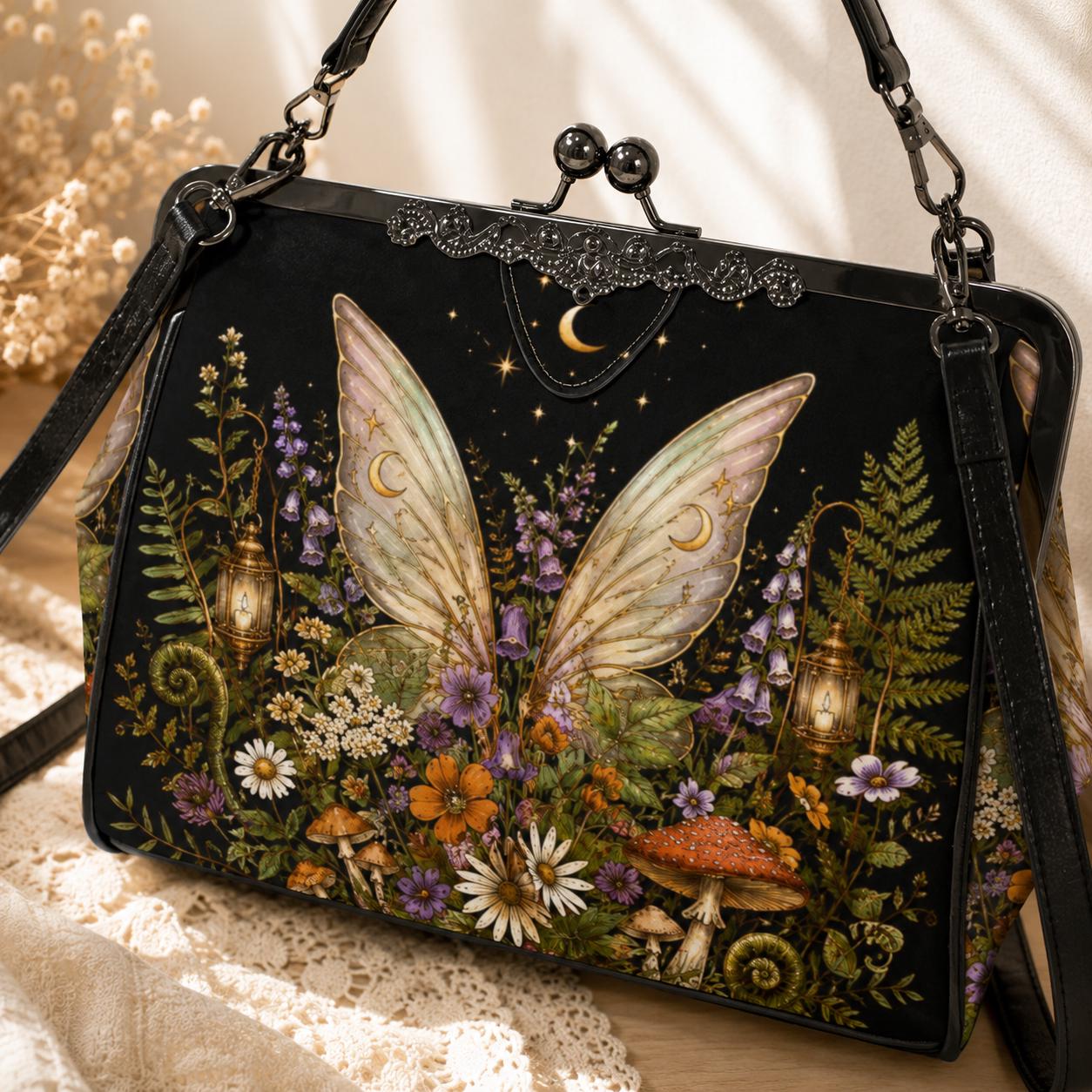 Fairycore Kiss Lock Bag, Whimsigoth Butterfly Wings, Moon Wildflower Handbag