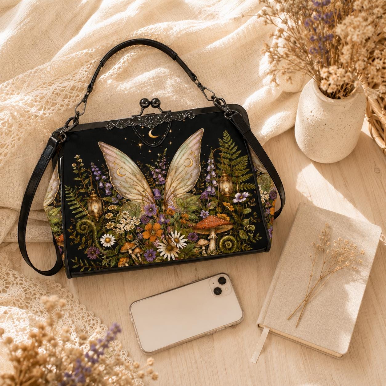 Fairycore Kiss Lock Bag, Whimsigoth Butterfly Wings, Moon Wildflower Handbag