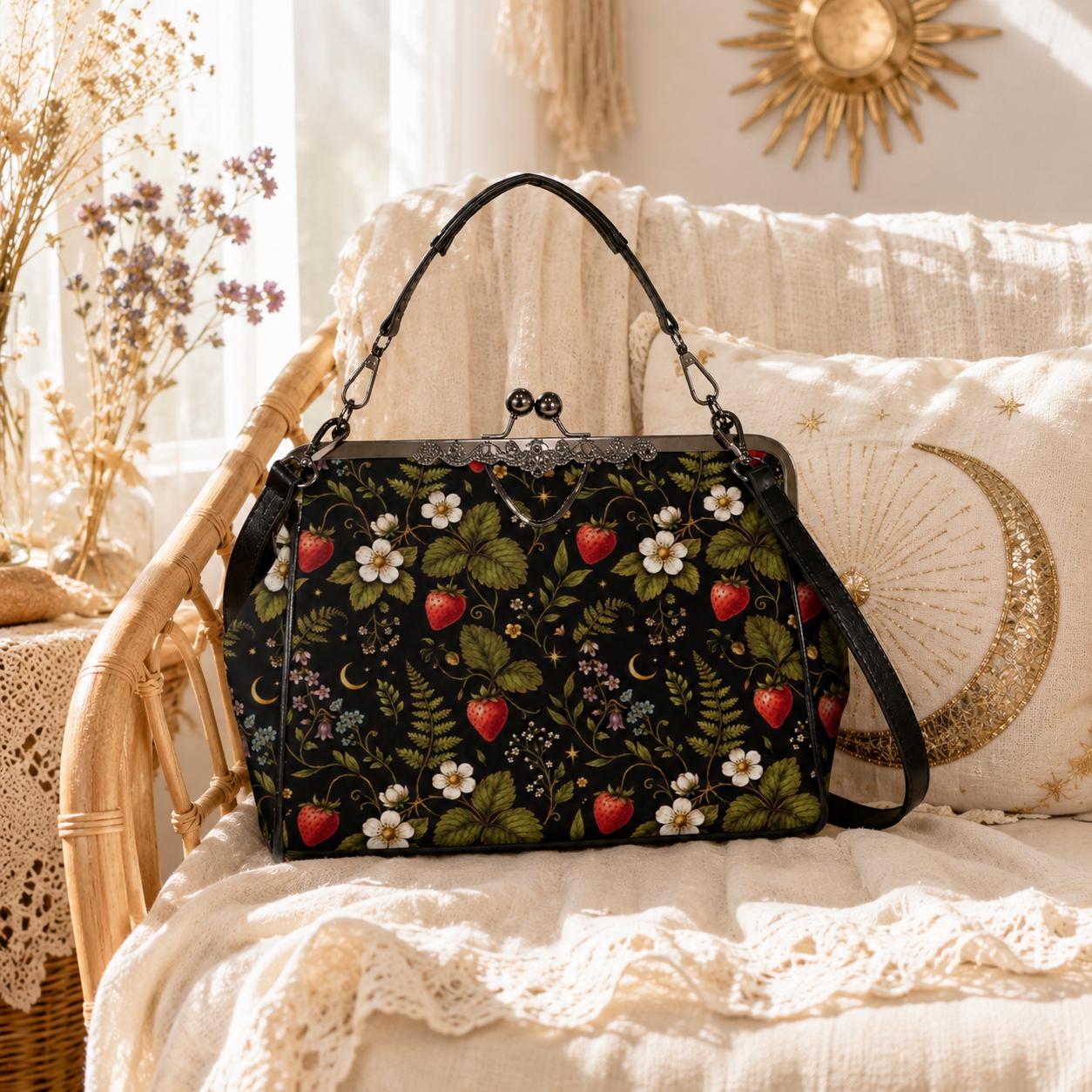 Dark Botanical Strawberry Kiss Lock Bag, Cottagecore Berry Print Crossbody Purse