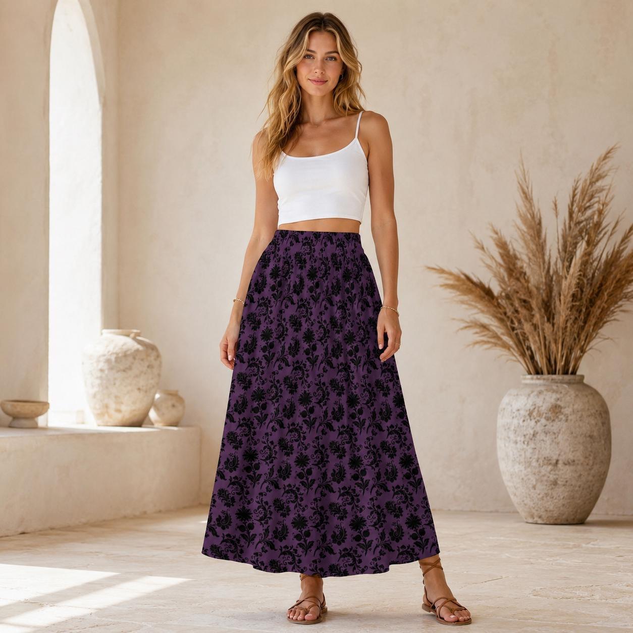 Gothic Floral Maxi Skirt, Purple Baroque Print, Dark Romantic High Waist, Witchy Fall Outfit
