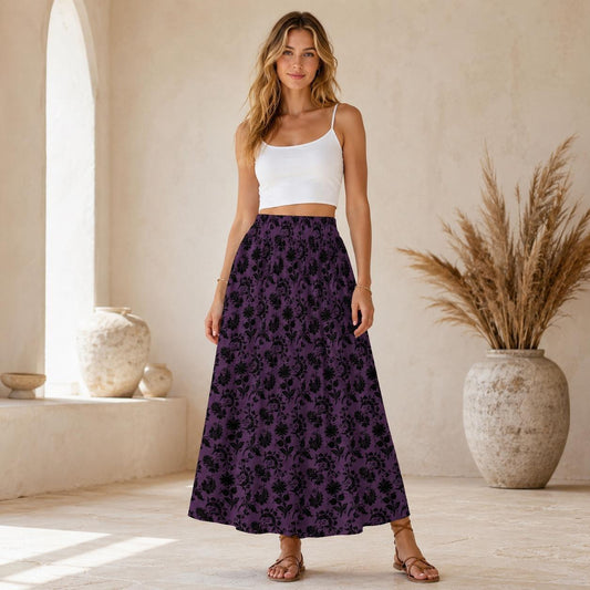 Gothic Floral Maxi Skirt, Purple Baroque Print, Dark Romantic High Waist, Witchy Fall Outfit