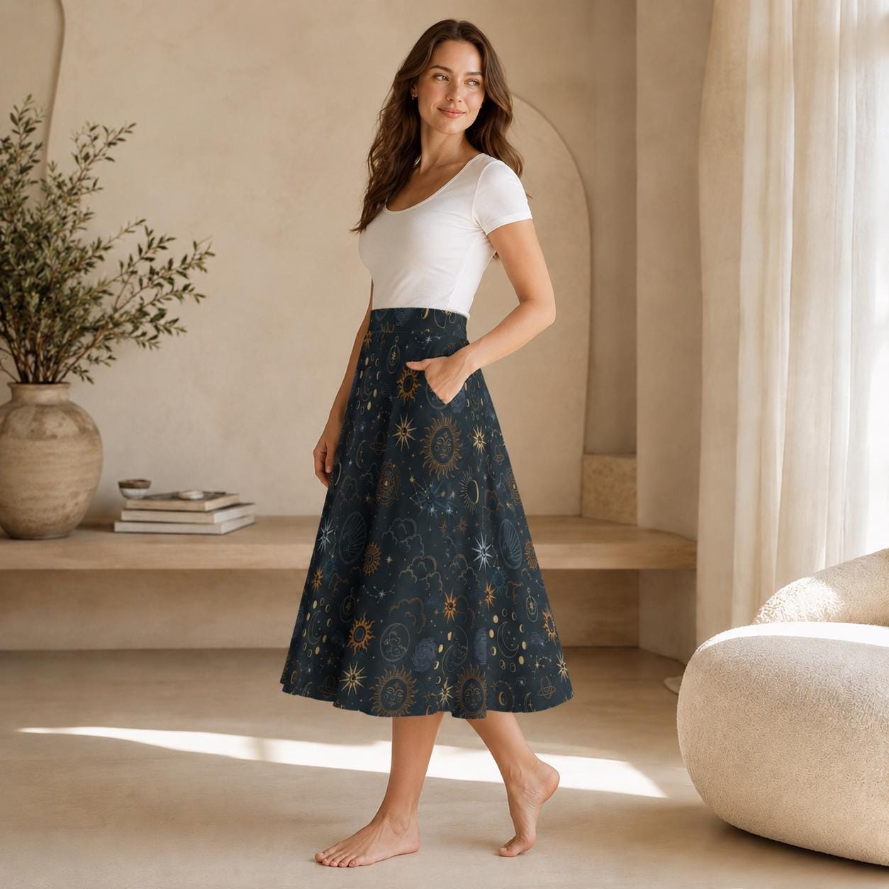 Celestial Midi Skirt, Sun Moon Stars Astrology Print, High Waist A-Line with Pockets