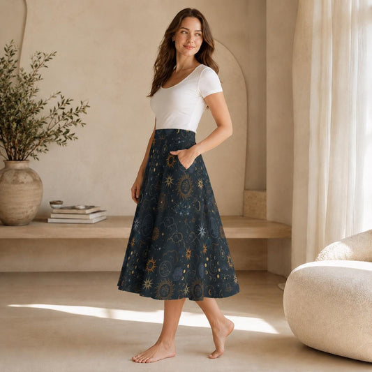 Celestial Midi Skirt, Sun Moon Stars Astrology Print, High Waist A-Line with Pockets