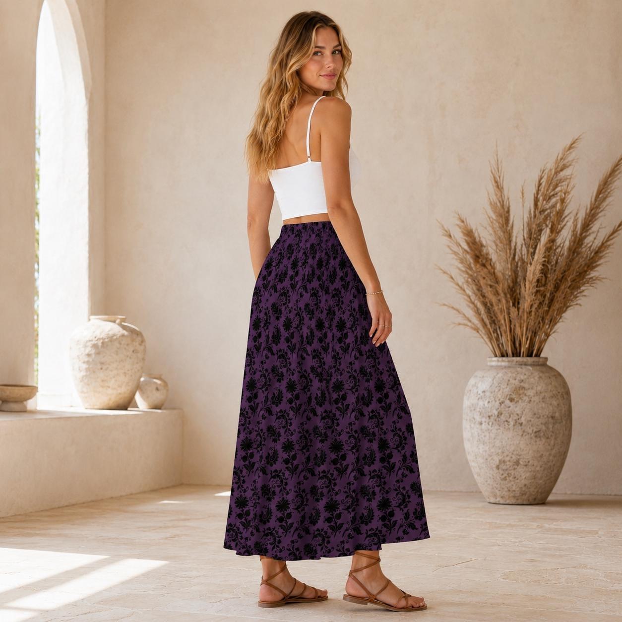 Gothic Floral Maxi Skirt, Purple Baroque Print, Dark Romantic High Waist, Witchy Fall Outfit