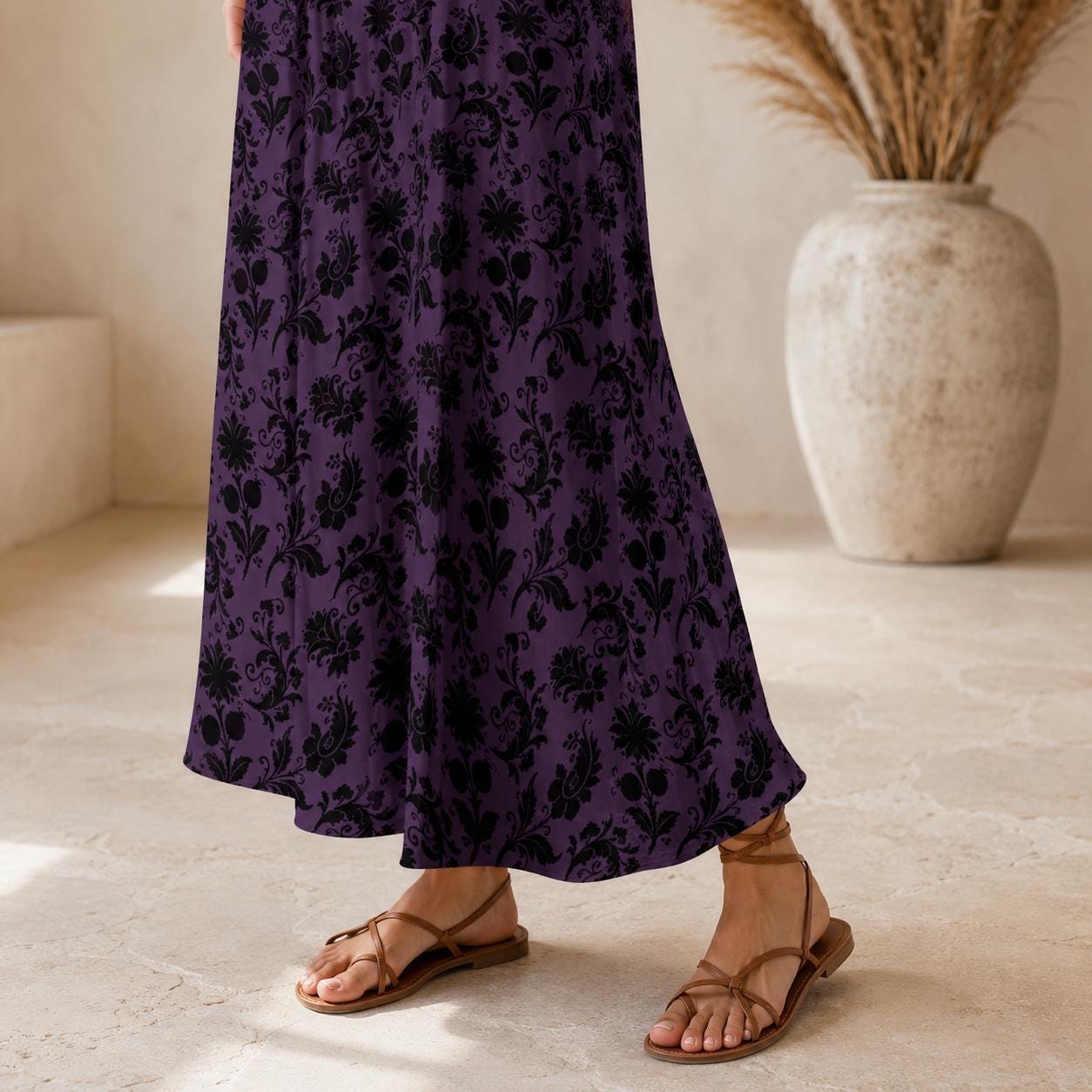 Gothic Floral Maxi Skirt, Purple Baroque Print, Dark Romantic High Waist, Witchy Fall Outfit