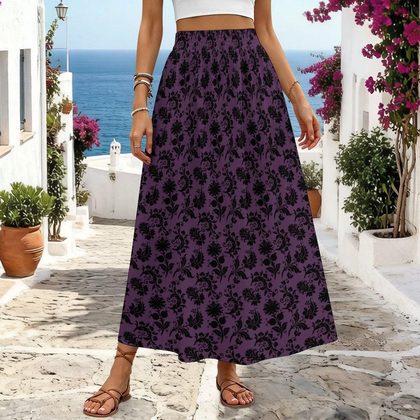 Gothic Floral Maxi Skirt, Purple Baroque Print, Dark Romantic High Waist, Witchy Fall Outfit