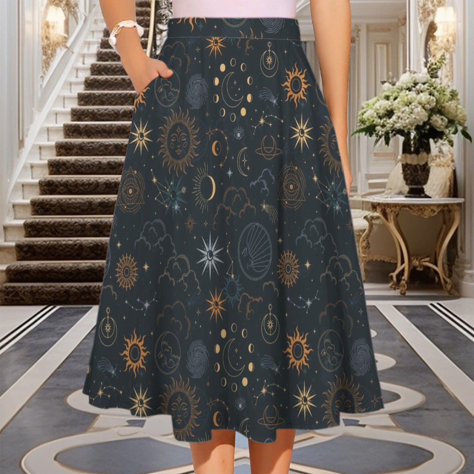 Celestial Midi Skirt, Sun Moon Stars Astrology Print, High Waist A-Line with Pockets