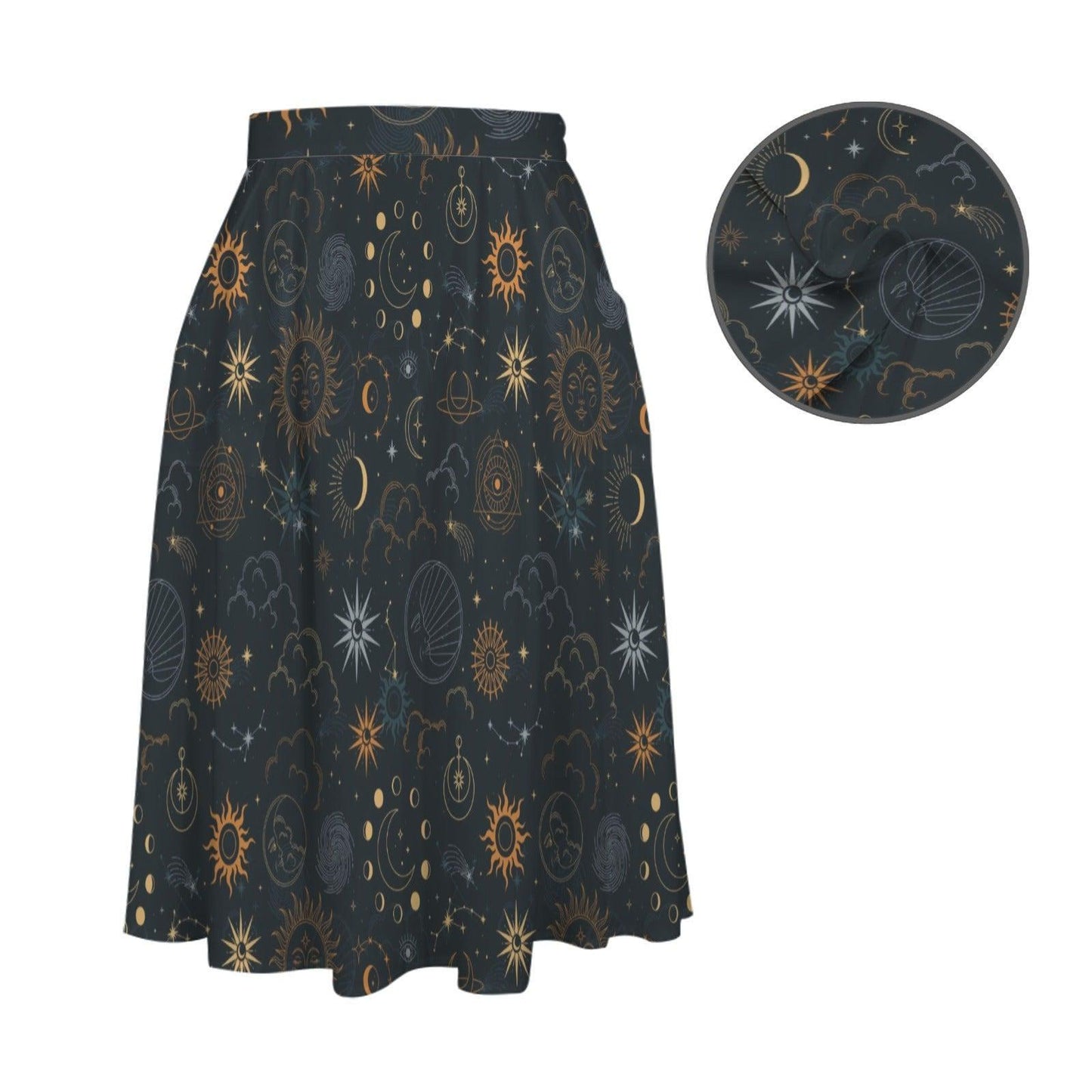 Celestial Midi Skirt, Sun Moon Stars Astrology Print, High Waist A-Line with Pockets
