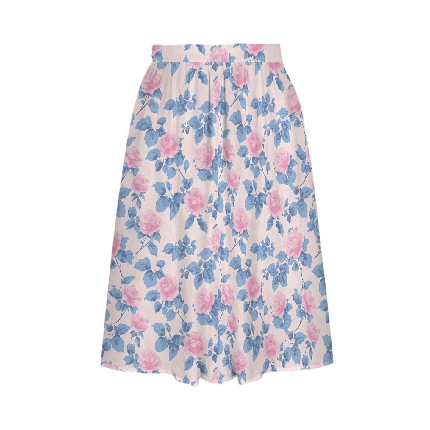 Pastel Floral Midi Skirt, Pink Blue Rose Print, High Waist A Line, Pockets