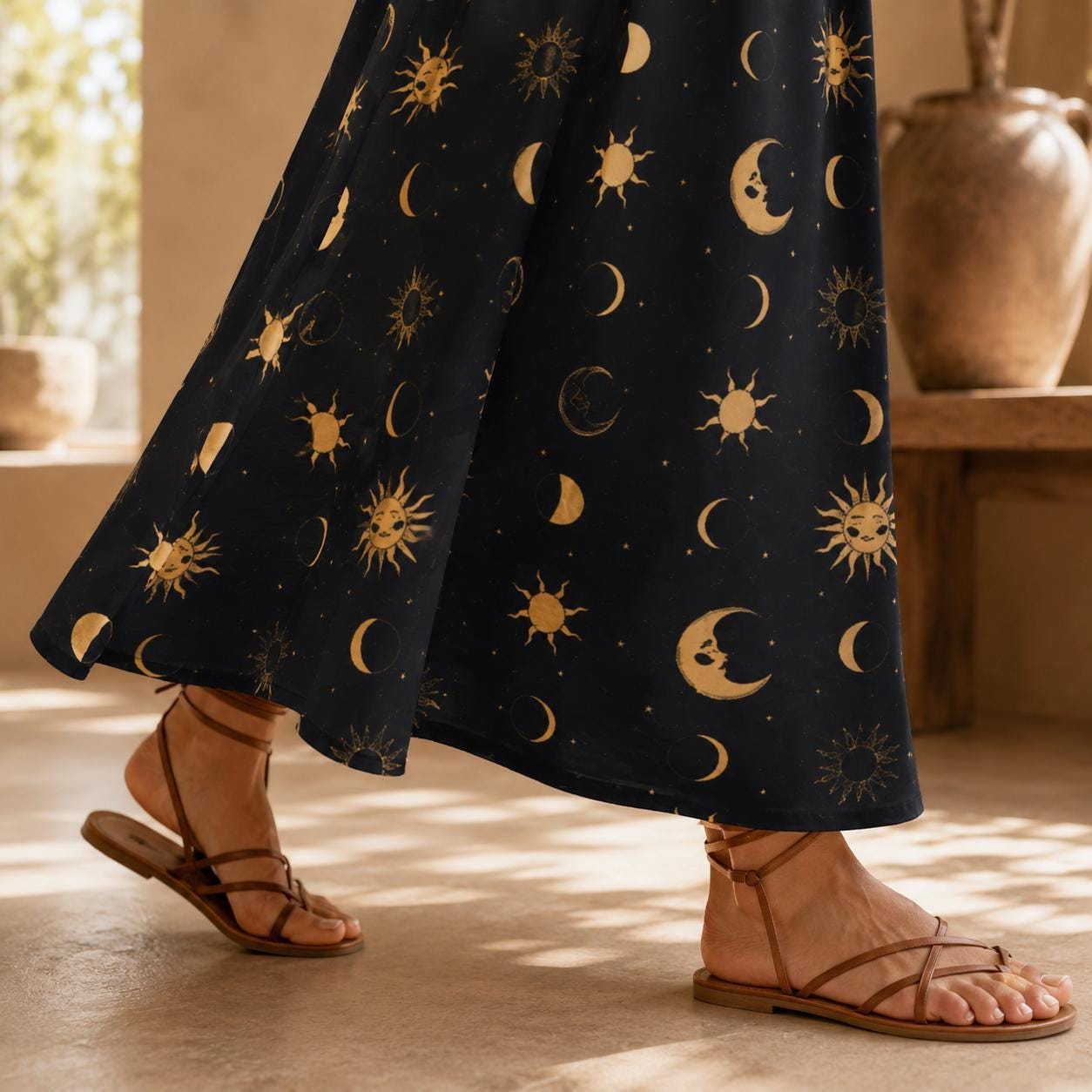 Celestial Moon Maxi Skirt, Black Sun Stars Print, Witchy High Waist Festival Outfit