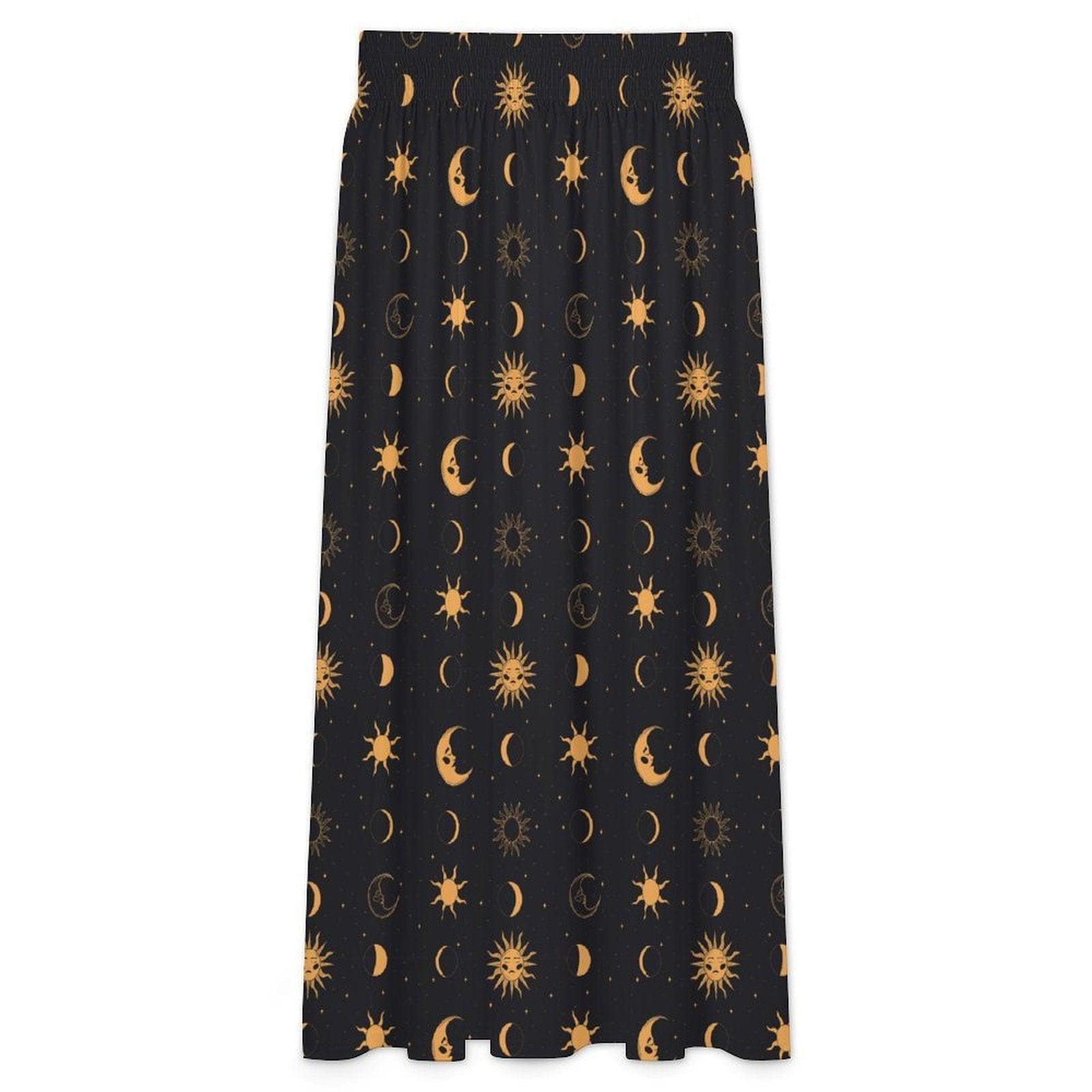 Celestial Moon Maxi Skirt, Black Sun Stars Print, Witchy High Waist Festival Outfit