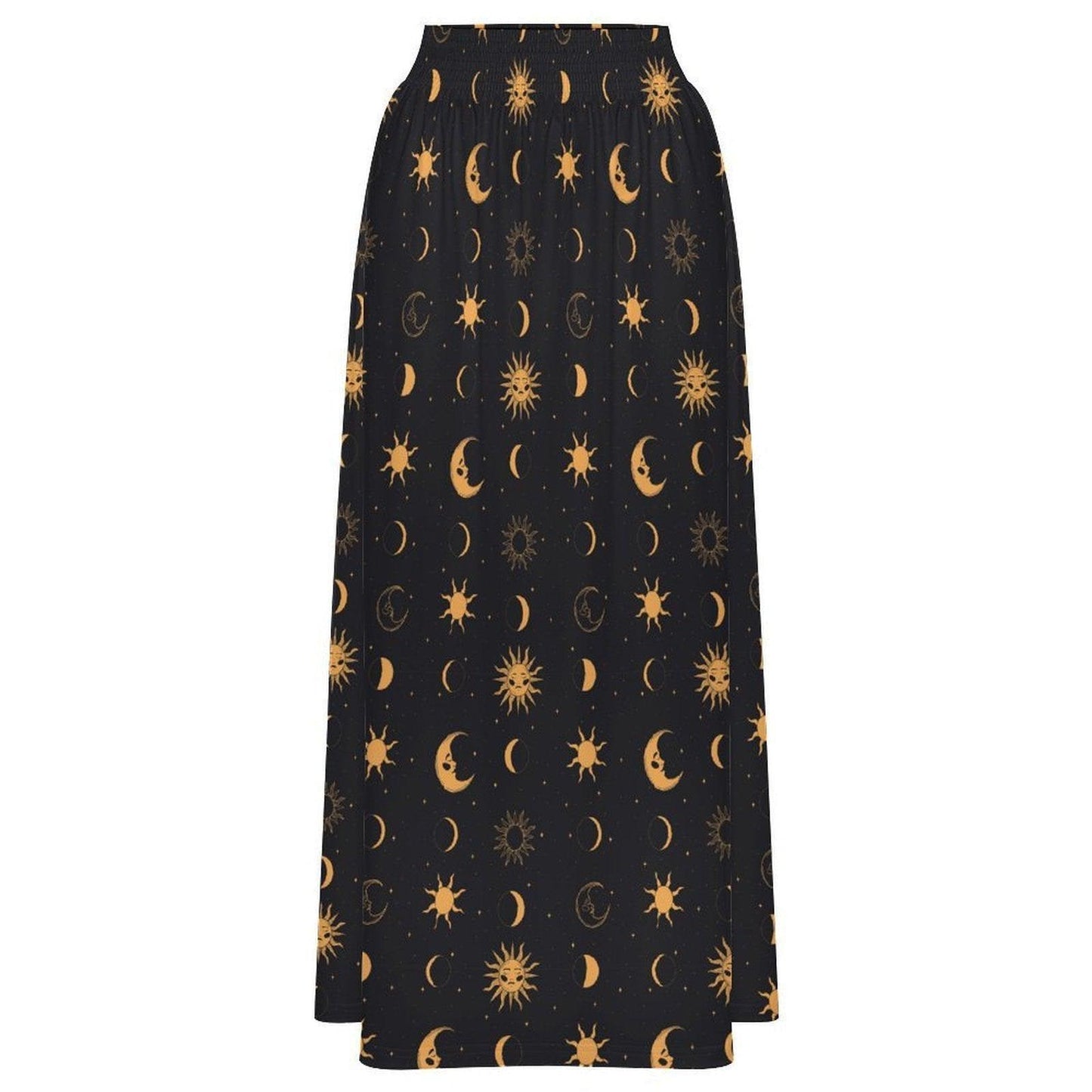 Celestial Moon Maxi Skirt, Black Sun Stars Print, Witchy High Waist Festival Outfit