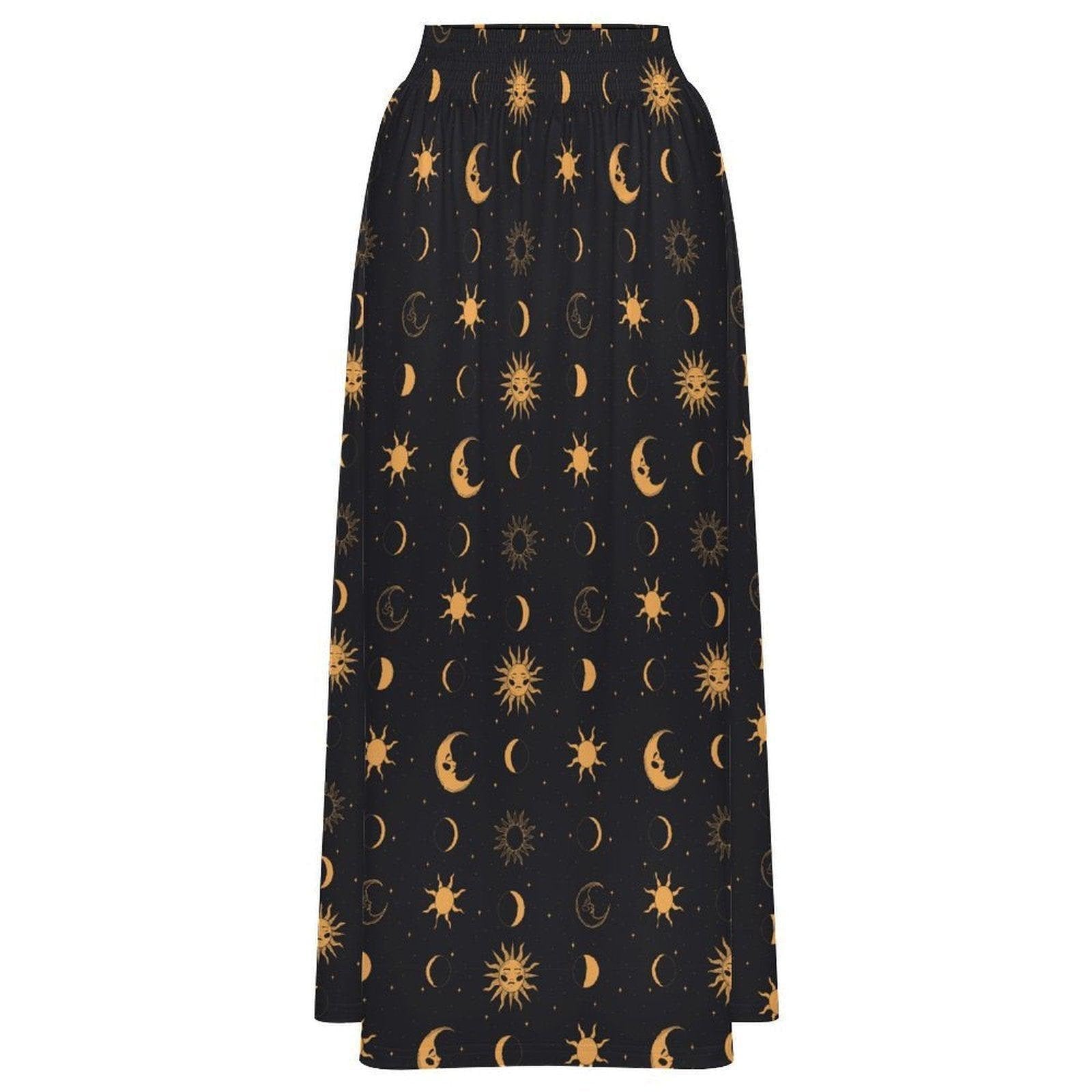 Celestial Moon Maxi Skirt, Black Sun Stars Print, Witchy High Waist Festival Outfit