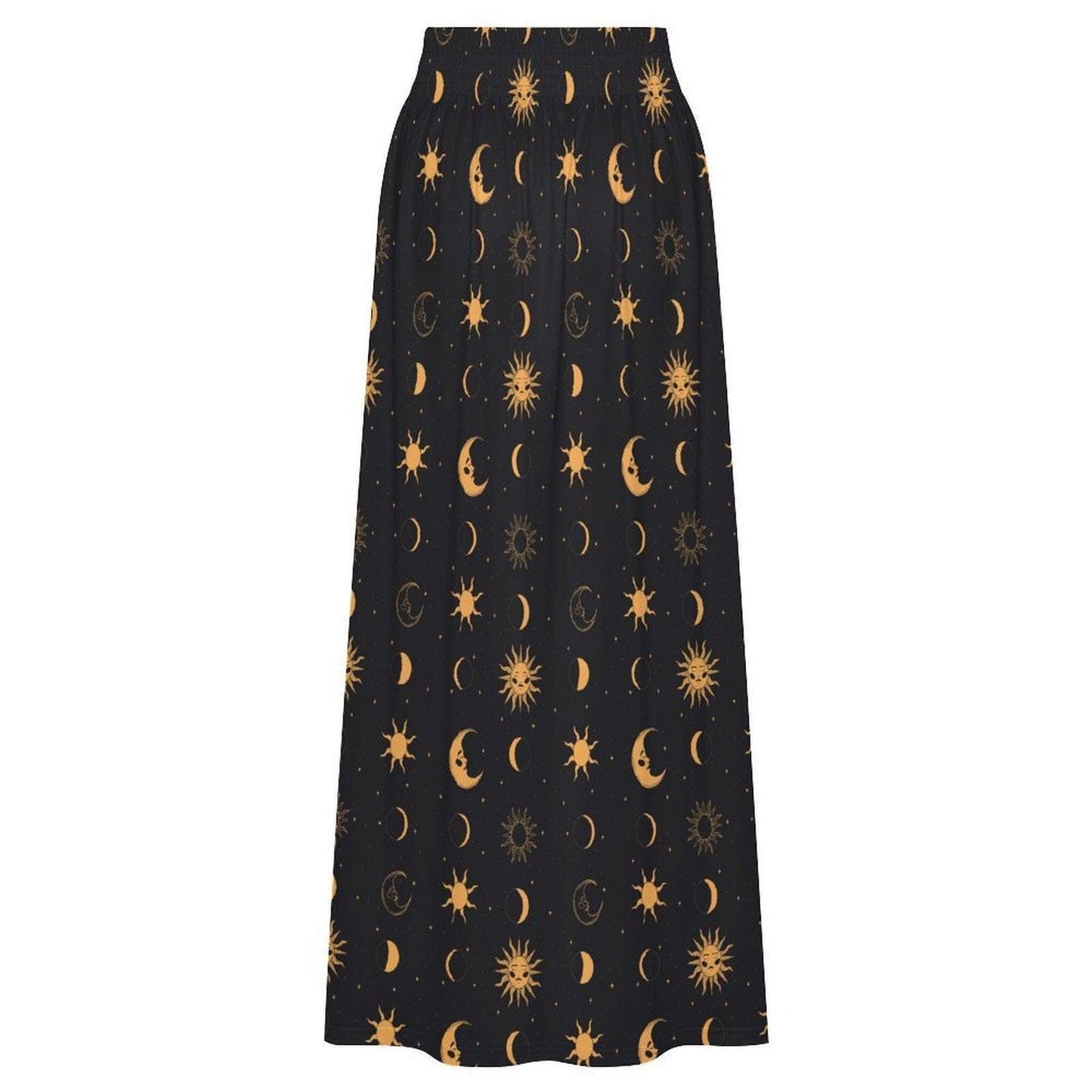 Celestial Moon Maxi Skirt, Black Sun Stars Print, Witchy High Waist Festival Outfit