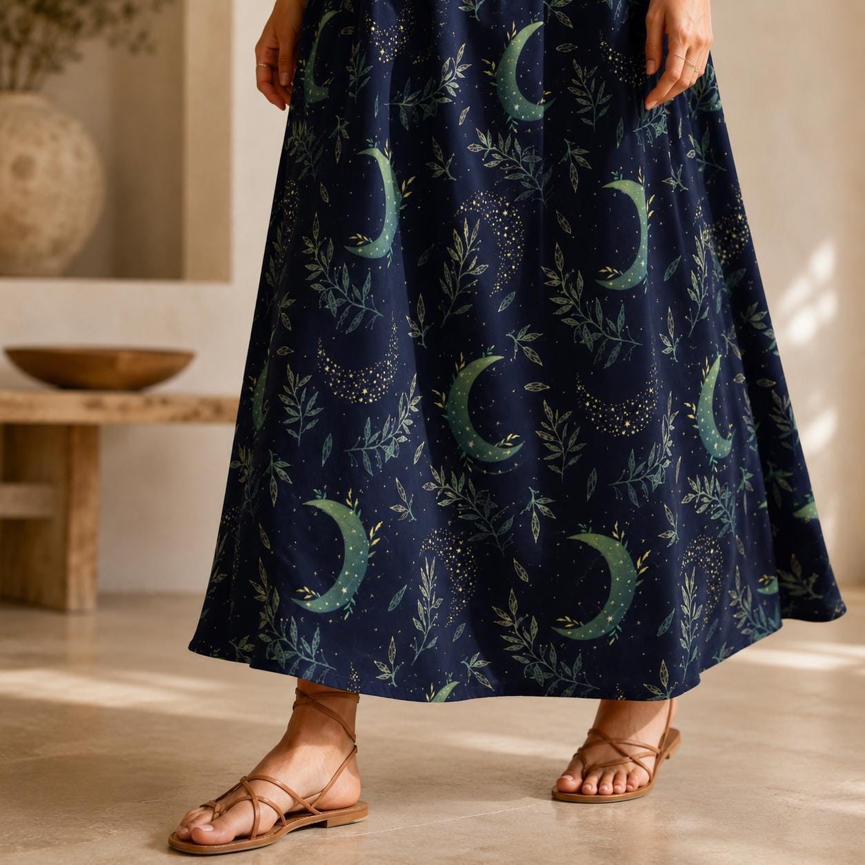 Celestial Maxi Skirt, Navy Moon Botanical Leaf Print, High Waist Flowy Witchy Gift