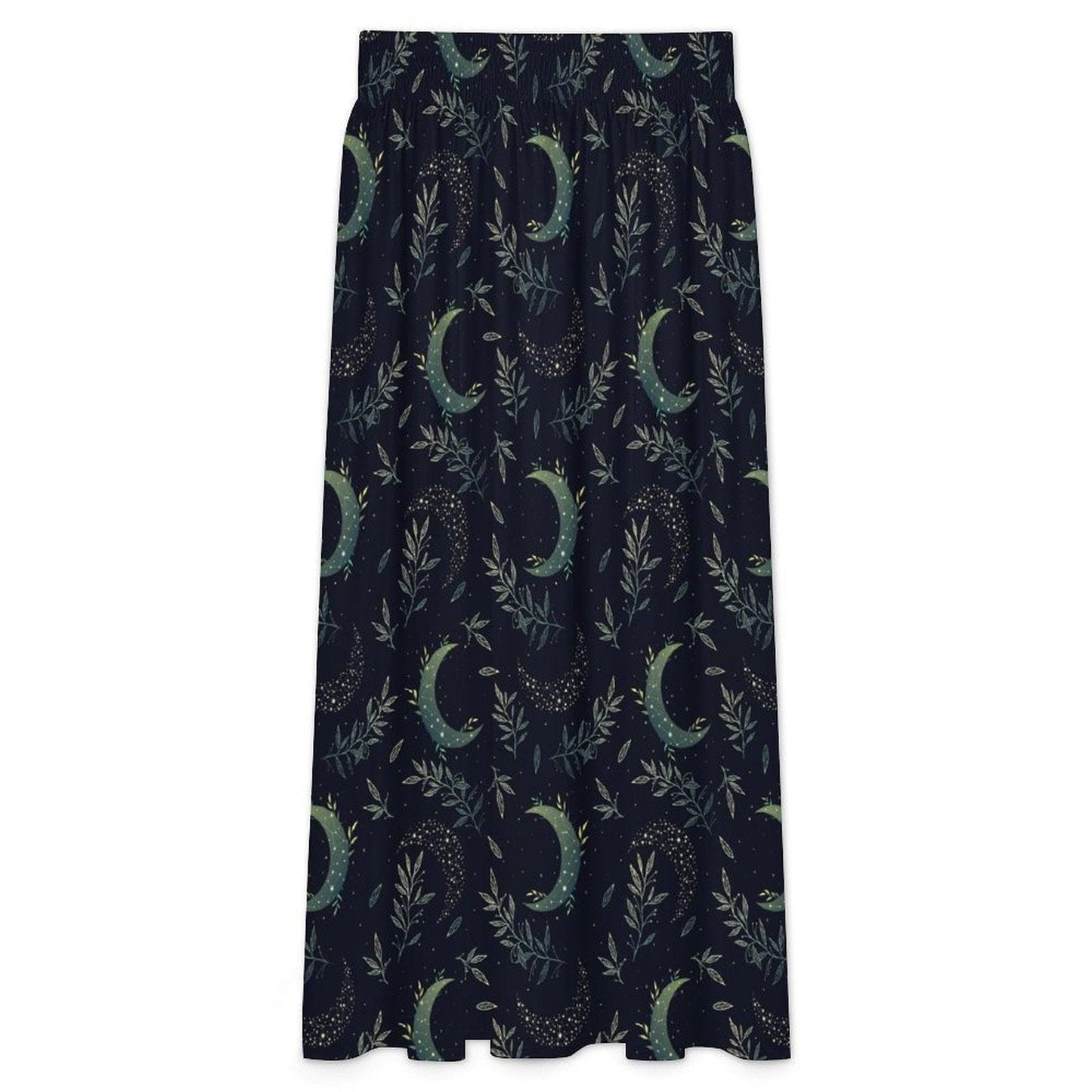 Celestial Maxi Skirt, Navy Moon Botanical Leaf Print, High Waist Flowy Witchy Gift