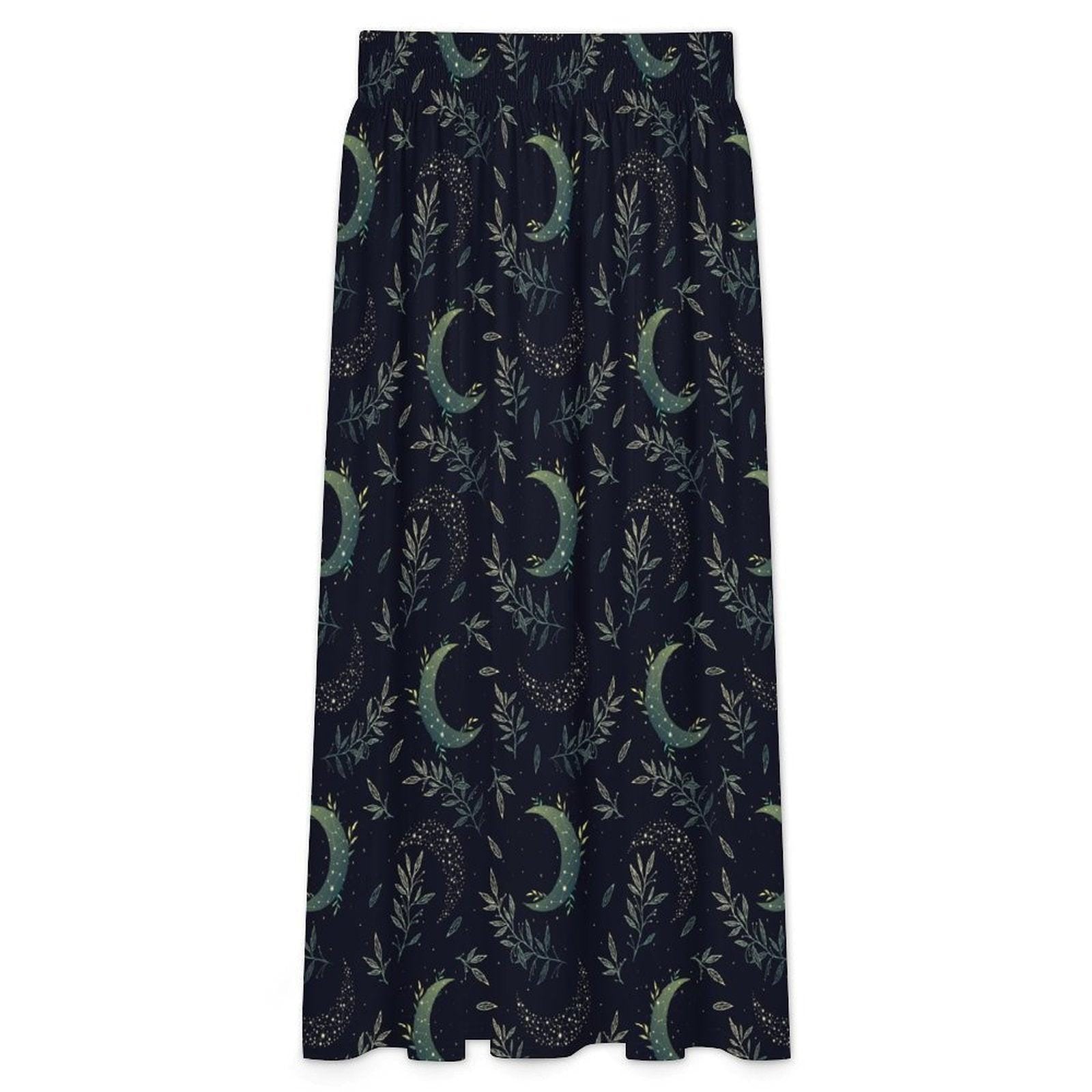 Celestial Maxi Skirt, Navy Moon Botanical Leaf Print, High Waist Flowy Witchy Gift