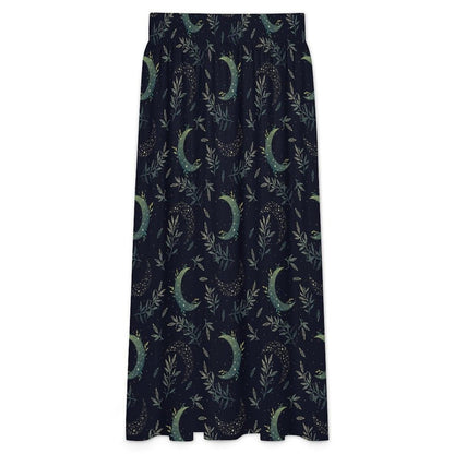 Celestial Maxi Skirt, Navy Moon Botanical Leaf Print, High Waist Flowy Witchy Gift